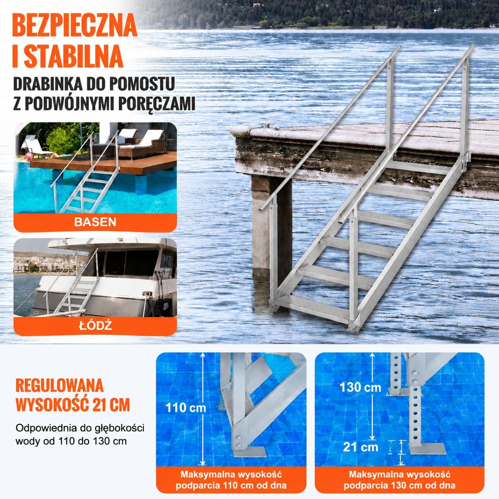 Aluminiowa drabinka dokowa, 6 stopni, dwie poręcze, nośność 250 kg, do łodzi, portów oraz basenów