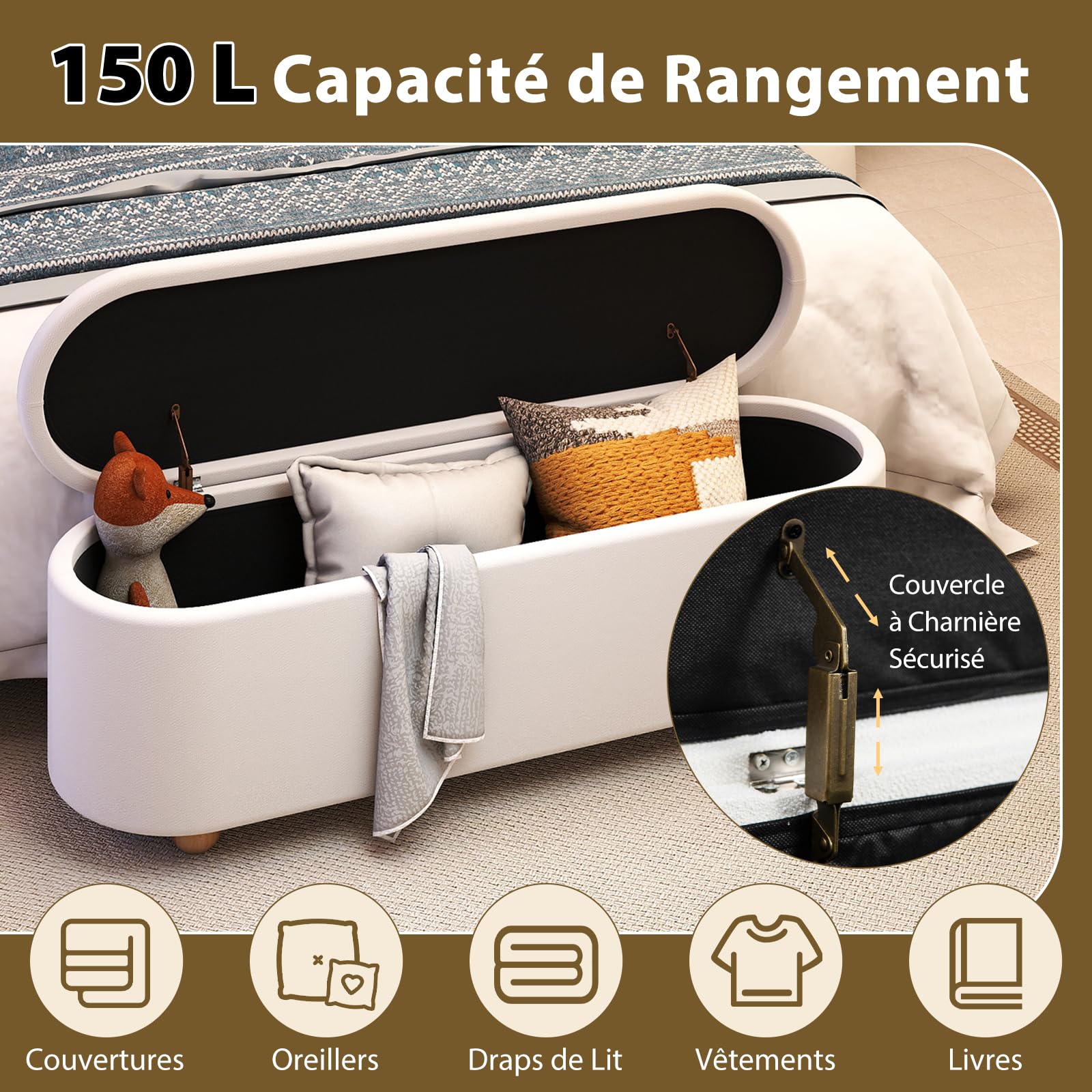 COSTWAY Banc de Rangement 150 L, Pieds en Bois d'Hévéa, Banc Bout de Lit, Patins Antidérapants, Banquette Coffre pour Chambre Salon Entrée, Charge 300 kg, 139 x 40,5 x 48,5 cm, Blanc