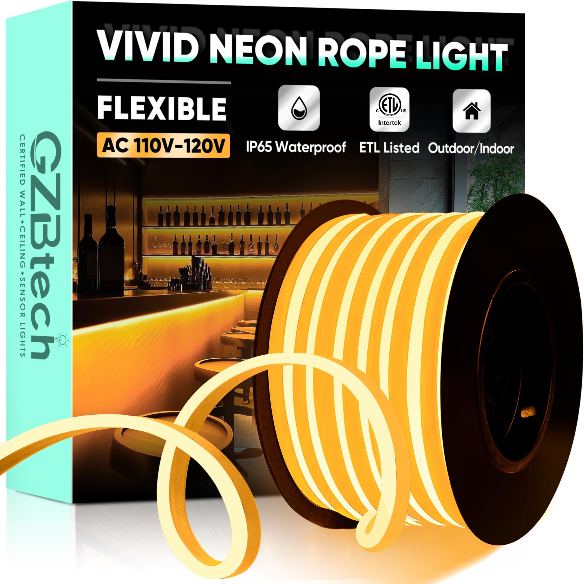 GZBtech Flexible LED Neon Rope Lights 50FT,AC 110-120V Waterproof Strip Light, 120 LEDs/M Cuttable Connectable Neon Lighting for Indoor Outdoor Home Decor/Commercial Building Use-Amber 15M, ETL Listed