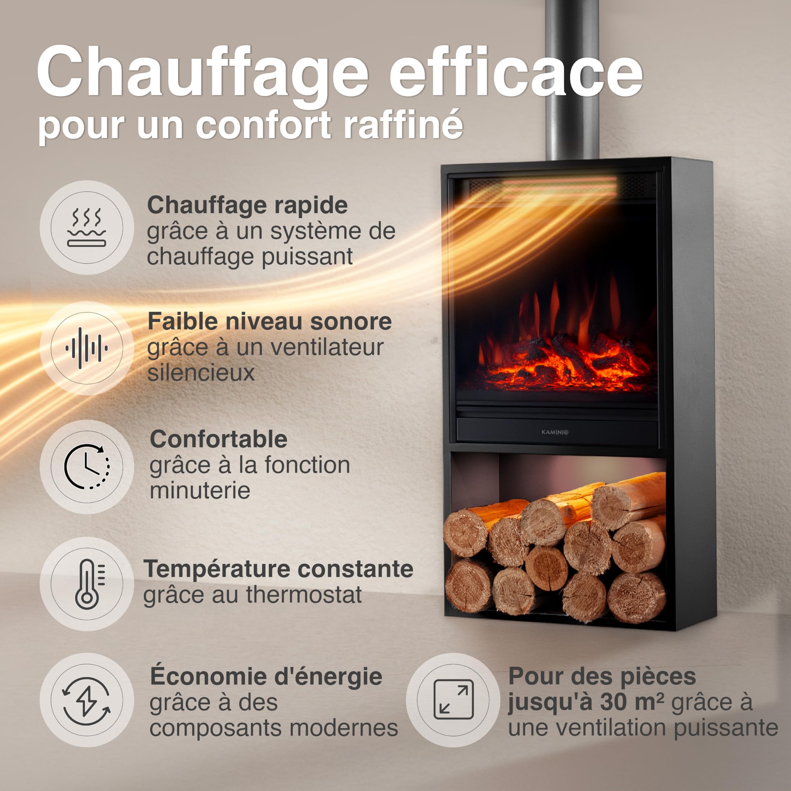 KAMINIO Cheminée électrique Hugo avec Tuyau de poêle - Poêle électrique avec Chauffage, Effet de Flamme 3D, lumière d'ambiance LED, Casier à Bois, télécommande (Noir)