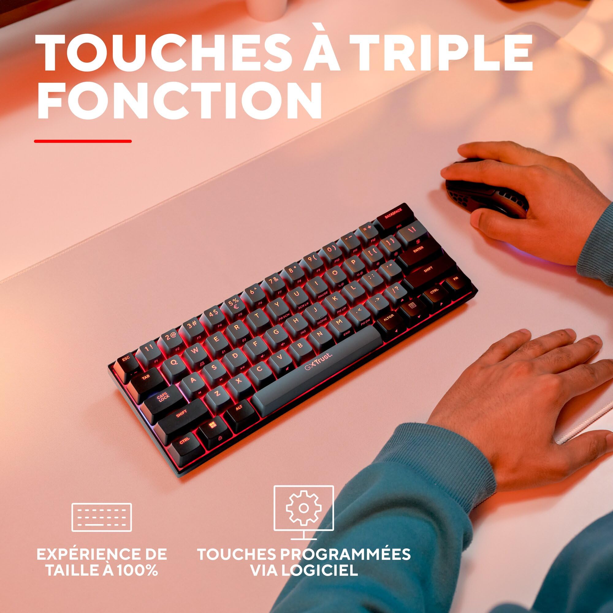 GXTrust Revyn 60% Clavier Mécanique sans Fil AZERTY Français, Noir/Gris | Triple Mode 2.4GHz/BT/Filaire, Éclairage RGB, Batterie 50 Heures, Compact Mini Clavier Gamer 60 Pourcent Programmable PC