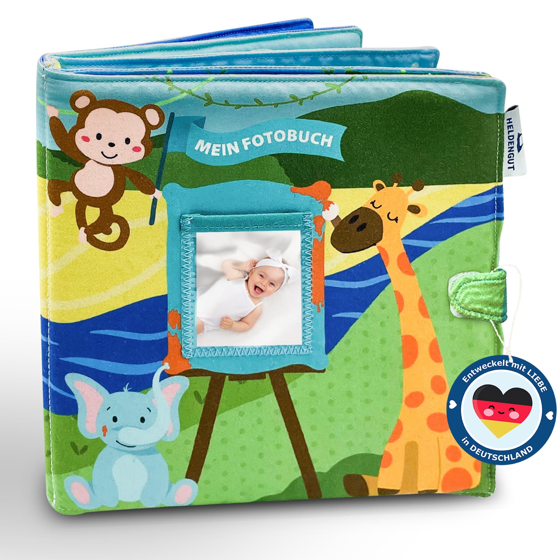 HELDENGUT Baby Fotoalbum Stoff Weltreise – Weiches Fühlbuch Für 8 Fotos 10x15 cm Mit Rassel & Speichelfest