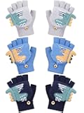 3 Pair Convertible Mittens Kids Knitted Warm Fingerless Gloves Toddler Cartoon Gloves with Mitten Cover for Boy Girl (Blue, Navy, Gray, Dinosaur)