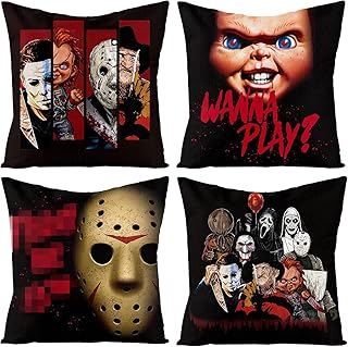4Pcs Horror Classic Movie Characters Pillow Covers, 18 x 18 Inch Halloween Throw Pillow Case Linen Decorative Square Cushi...