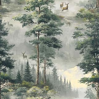 Deep Emerald Olive Tones Misty Mountain Forest Deer Pattern Peel and Stick Wallpaper Easy Peel Off Contact Paper Stick on Adhesive Wall Paper for Bathroom Waterproof Renter Friendly