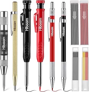 Hiboom 10 Pack Carpenter Pencil Set, 4 Colorful Solid Carpenter Pencils with Sharpener and Refills, Automatic Center Punch, Carbide Scribe Tool Kit for Construction Woodworking