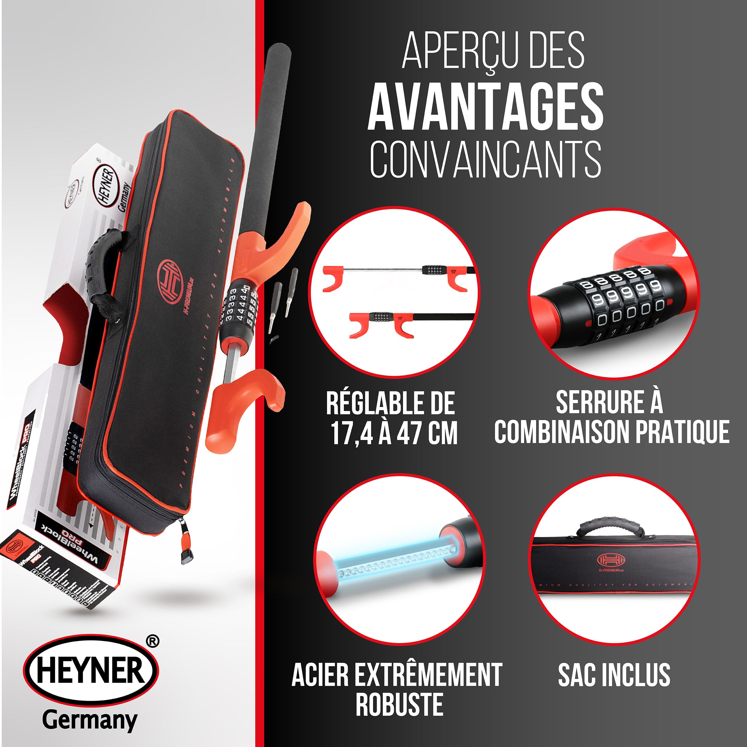 HEYNER® Verrouillage du volant, dispositif antidémarrage avec serrure à combinaison, dispositif antivol