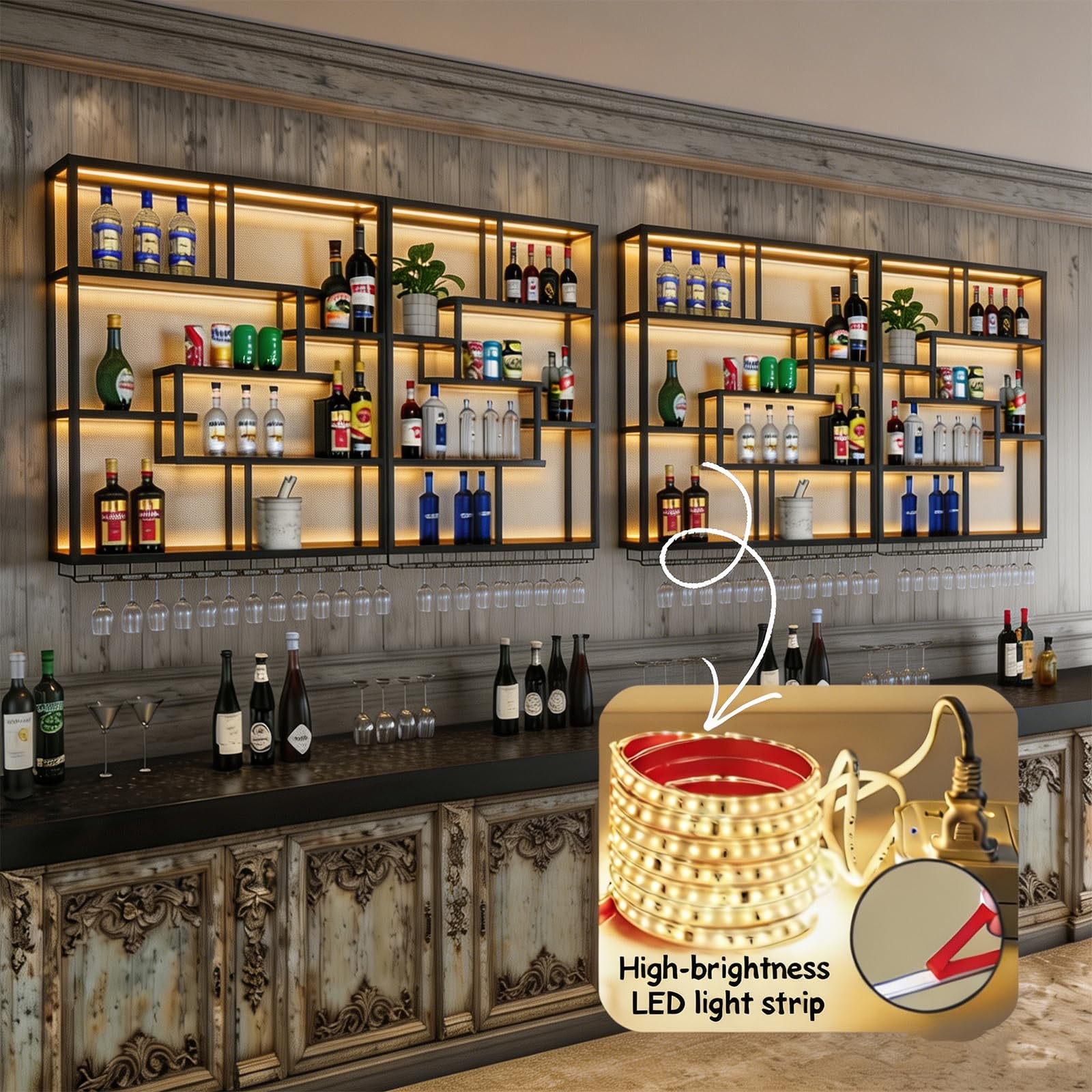 200CM Botellero Pared Vino Negro 200cm con LED y Portacopas | De hierro y madera estilo industrial. Gran capacidad, módulos combinables. Incluye tira LED. Ideal para bar, cocina y comedor
