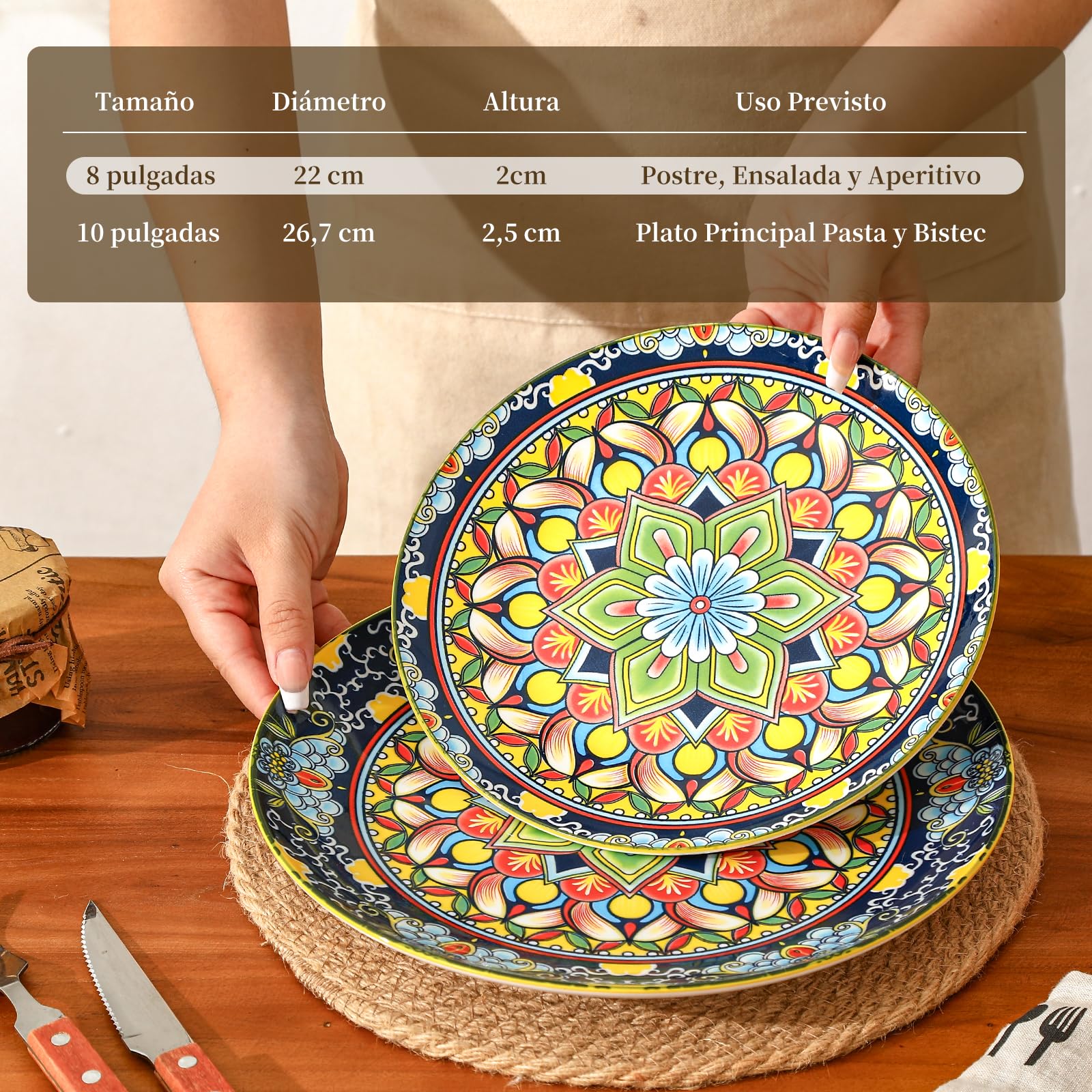 AHX Platos de Postre Colores de Cerámica - Juego de 6 Platos para Ensalada en Estilo Bohemio - Ideal para Servir Desayuno, Aperitivos y Tapas - Apto para Microondas y Lavavajillas - 22 cm