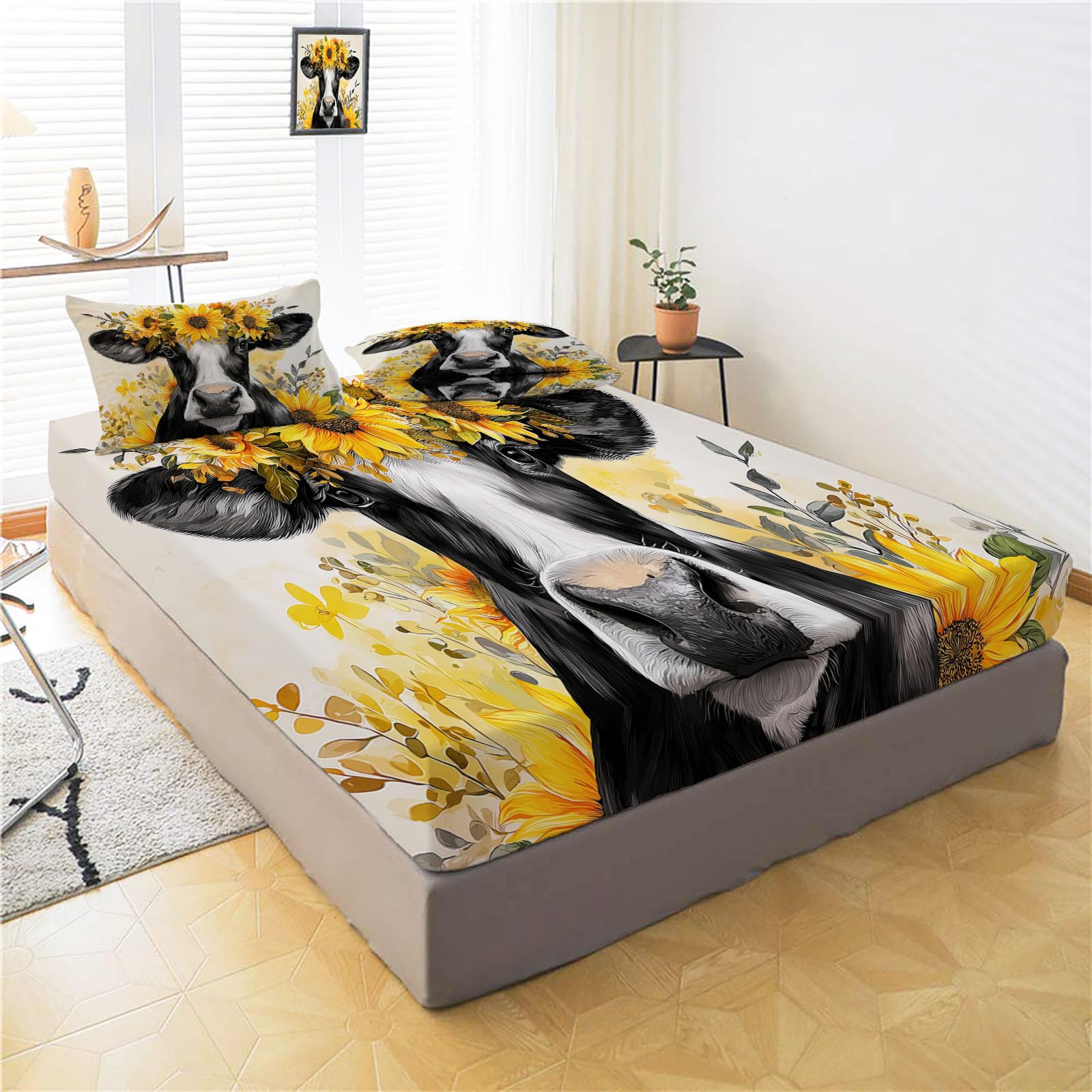 Juego De Sábanas Bajeras De Pintura Al Óleo Vaca, 200X190/200Cm Amarillo Claro, Microfibra Para Niños Niñas Adolescentes, Sábana Bajera Ajustable Elástica Suave, Estampado Girasoles Estilo Campestre