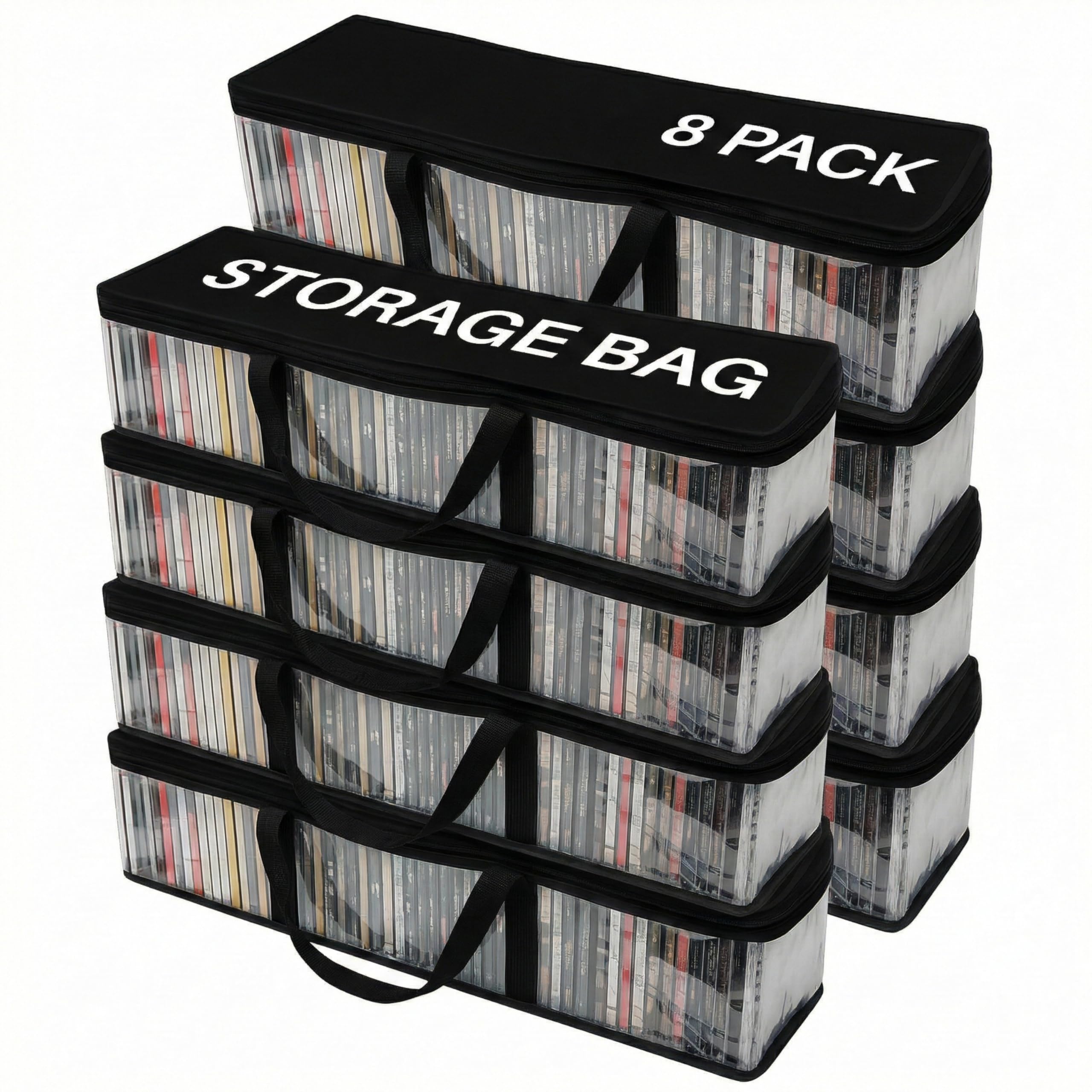 Evelots CD Storage Bags (8 Pack) Clear PVC Plastic Media Carrying Case with Zipper - Holds 400 CDs Total - Strong Handles - Protects CDs, Video Games,