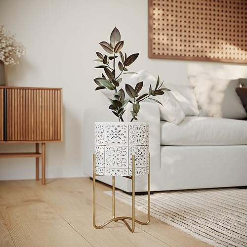 Miniatura 8 de EverNest Tristan - Maceta neutra de diseño bohemio blanco y negro con soporte Ambrose, macetas SelectBase para plantas de interior, estilo
