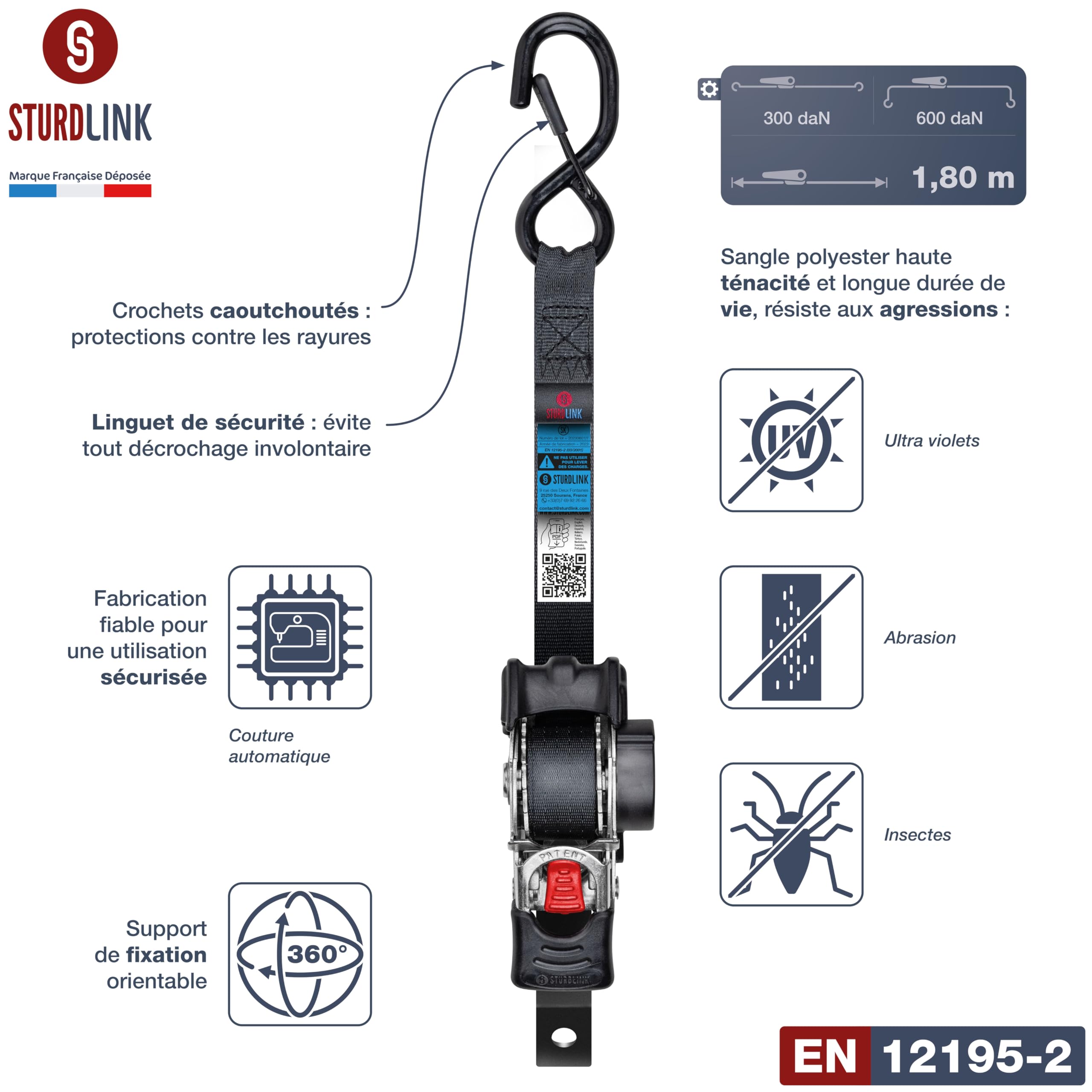 Sangle a Cliquet Automatique Acier Inoxydable 1,8m 25mm Crochet S a Linguet LC 300daN, 600daN en U | Enrouleur de Sangles Automatiques | Sangle Retractable avec Poignée Ergonomique | Lot de 2 + Sac