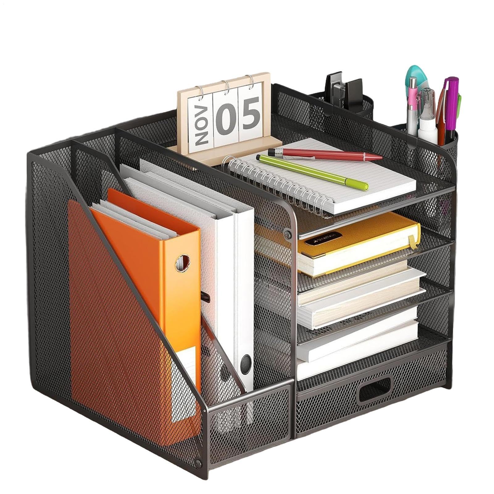Organizzatore Scrivania Cassetto in Rete Portadocumenti Metallico da Tavolo | Contenitore Antiscivolo per Penne, Documenti e