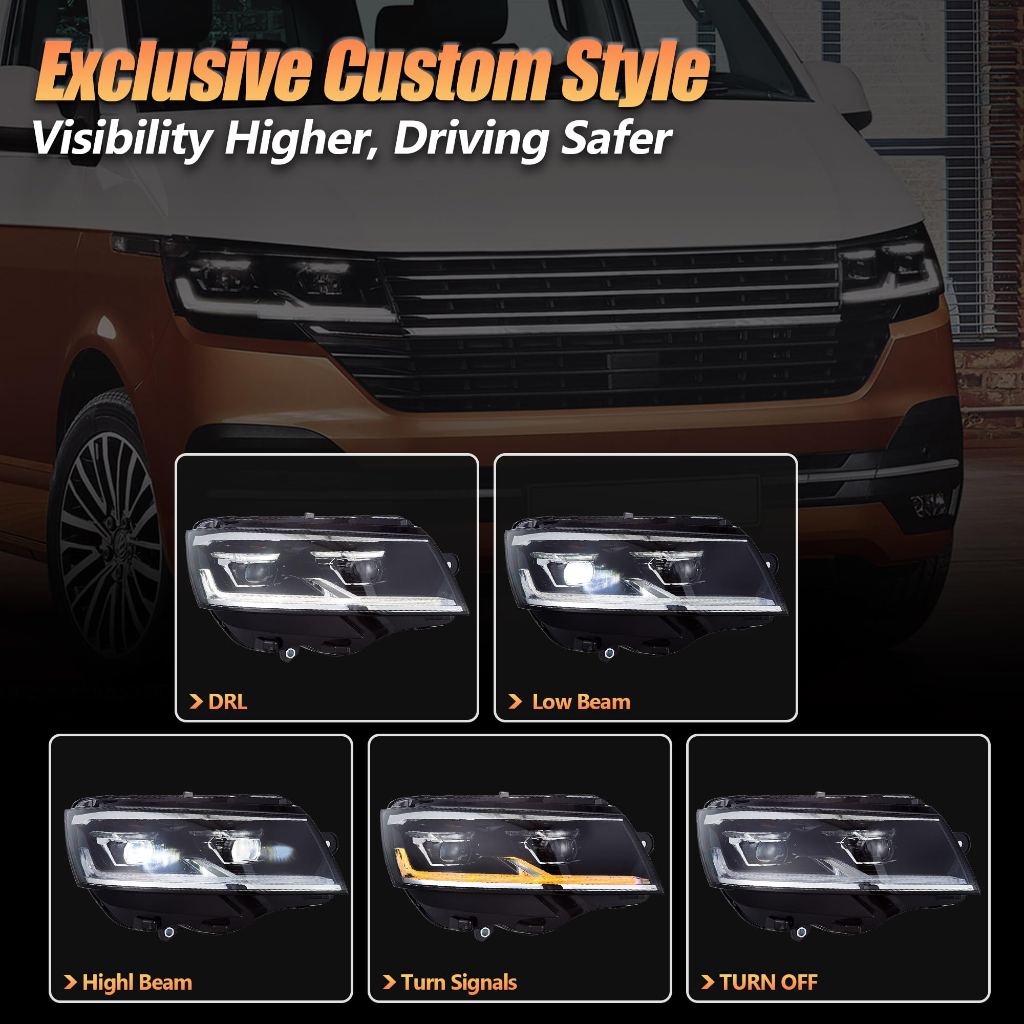 VLAND Phare Full LED pour Transporter T6.1 Multivan Caravelle 2019-2024, 1 paire (côté conducteur et passager)