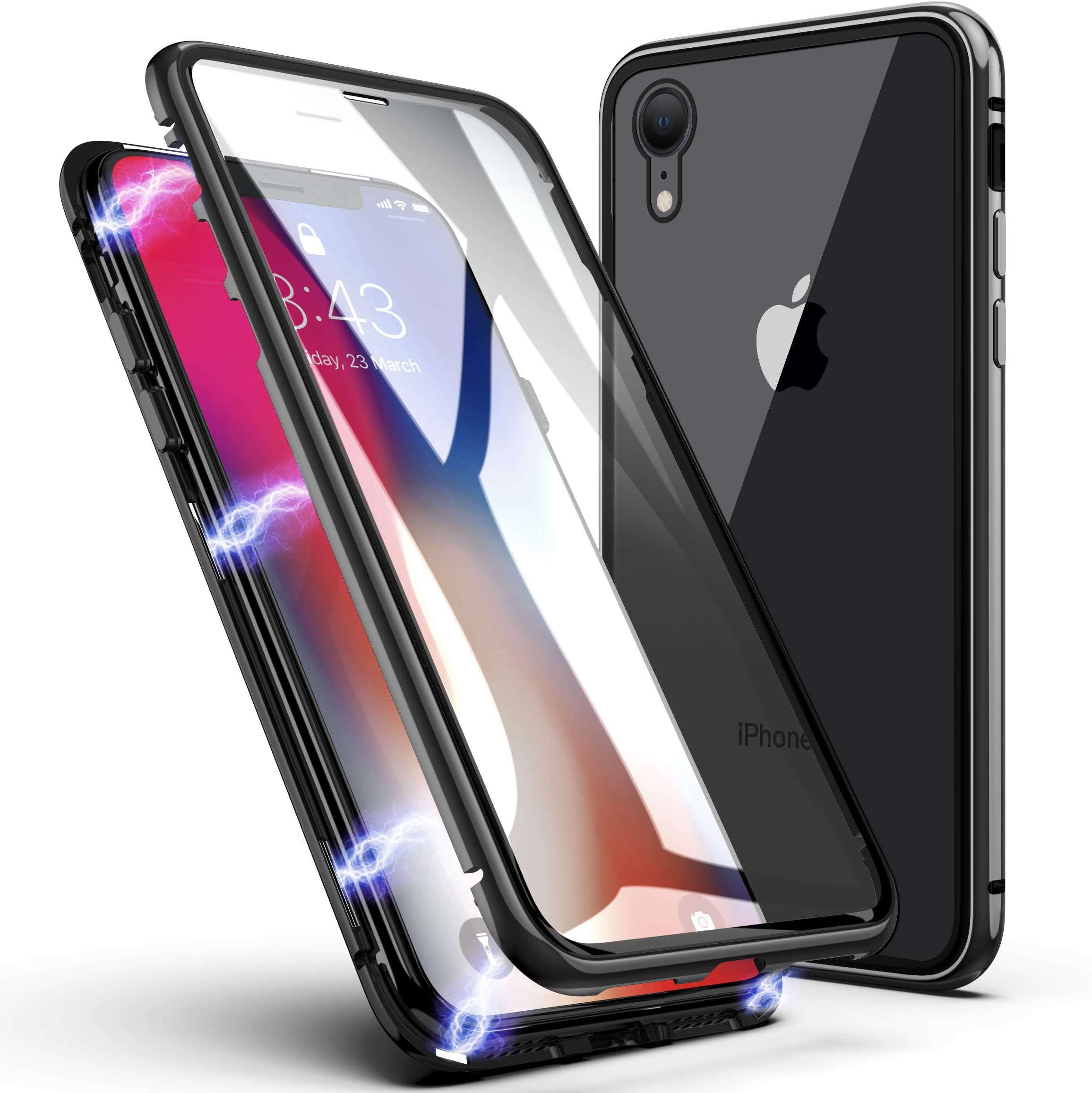 iPhone XR Case,ZHIKE Magnetic Adsorption Case Front and Back Tempered Glass Full Screen Coverage One-Piece Design Flip Cover for Apple iPhone XR (Clear Black)