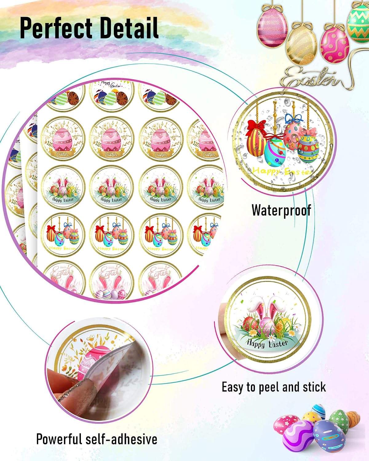 Easter Stickers for Kids Happy Easter Bunny Eggs Stickers Tags Self-Adhesive 1.5 Inch Easter Gift Stickers Labels for Easter Party Decorations, Easter Gift, Envelope, Card, Gift Boxes 200PCS