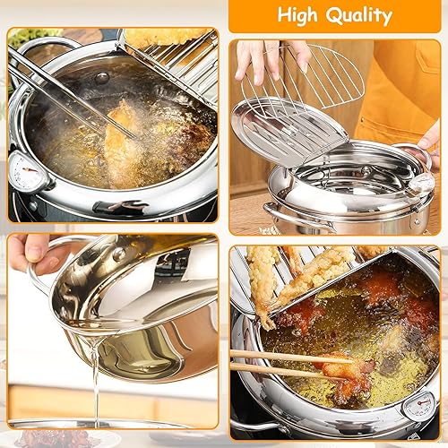 Miniatura 4 de Olla para freidora, 11 pulgadas4.4 cuartos de galón, freidora de tempura japonesa con termómetro, olla freidora de acero inoxidable 304 para papas