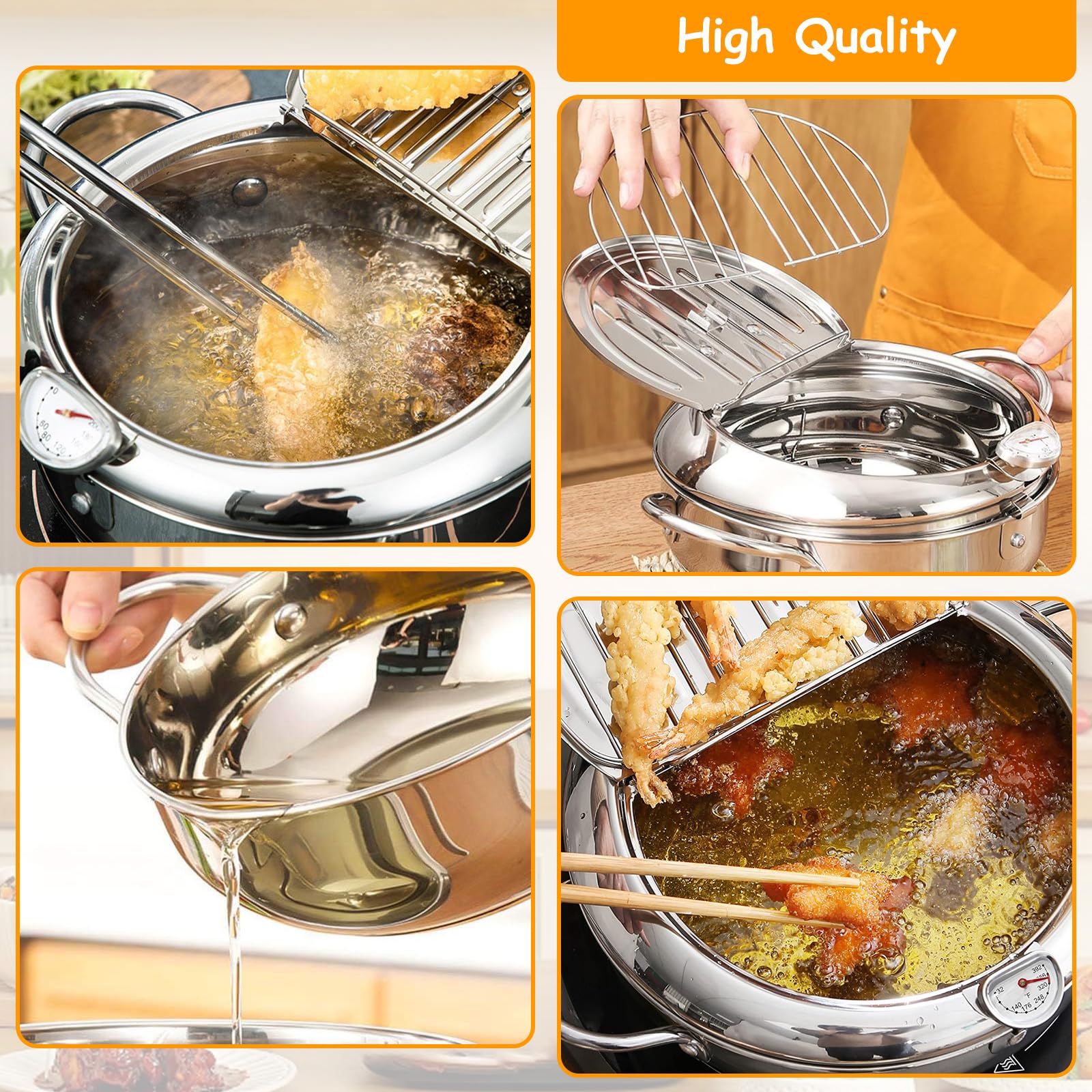 Pentola per Friggere, Friggitrice Tempura in Acciaio Inossidabile 304 Pentola friggitrice Giapponese Giapponese Tempura Friggitrice con Termometro per Pollo Francese, Pesce Secco (24 cm)