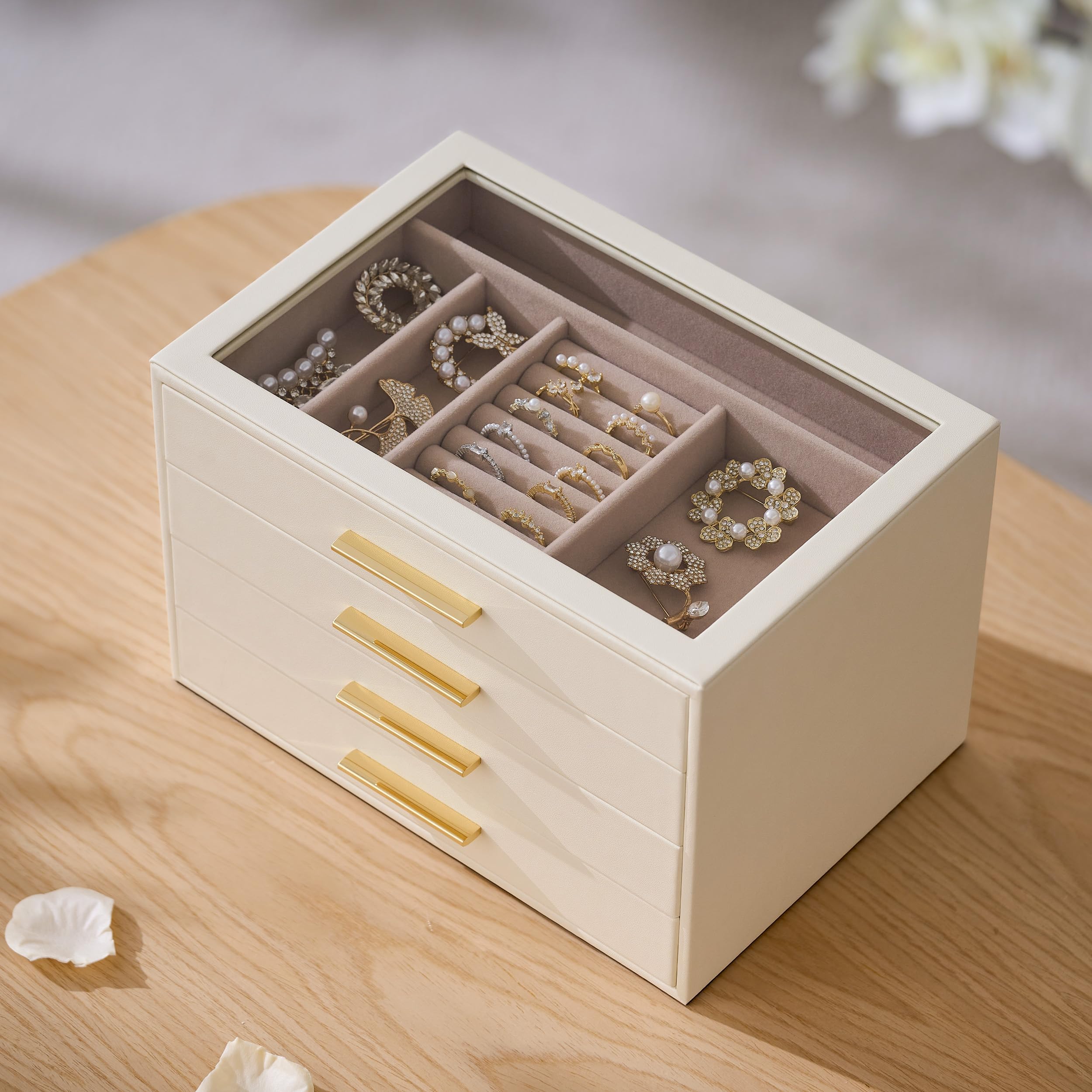 Joyero Organizador para con Ventana de Cristal, Caja Guardajoyas de 4 Capas | Cuero Blanco Marfil y Terciopelo Rosa - Estuche Organizador de Joyas para Anillos, Pendientes, Collares, Pulseras y Relojes,