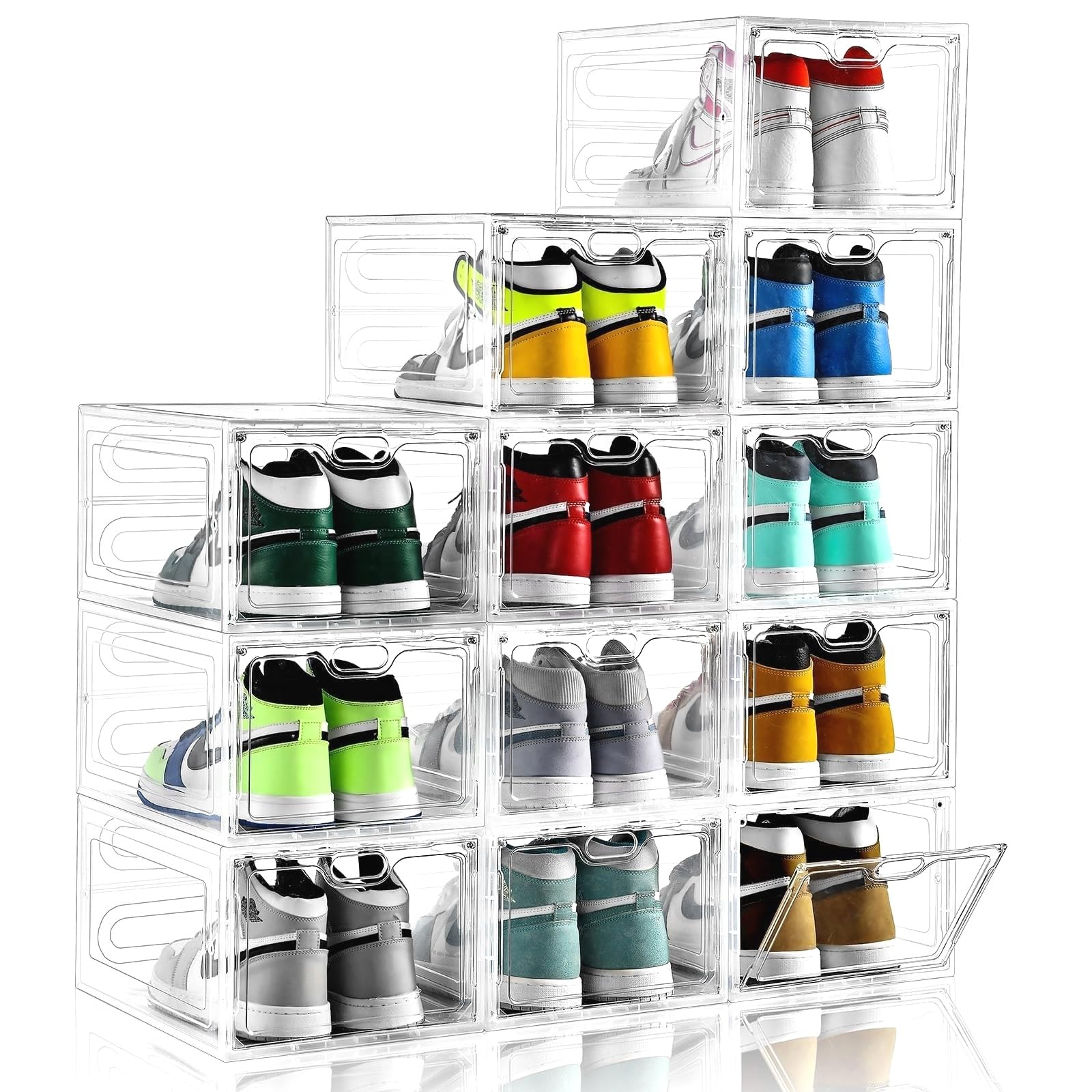 - 12 Pack Large Shoe Storage Box, Clear Shoe Storage Organizer with Magnetic Door, Stackable,Shoe Containers For Display Sneakers, Easy Assembly, Fit up to US Size 12, Clear