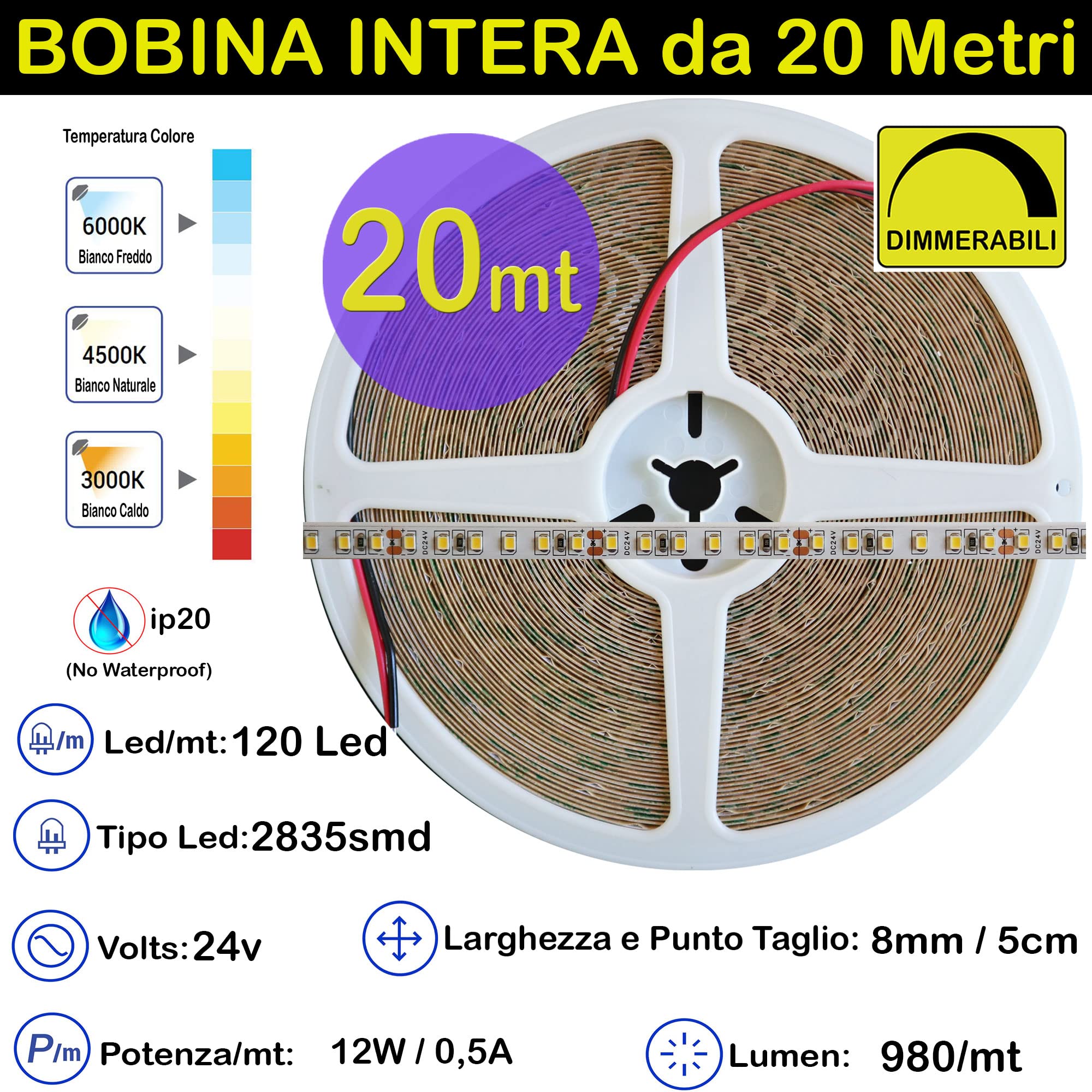 Bobina da 20 metri Bianco Naturale 4000k senza trasformatore 2400Led 240Watt 20,000Lumen 24V Striscia Led Strip ip20