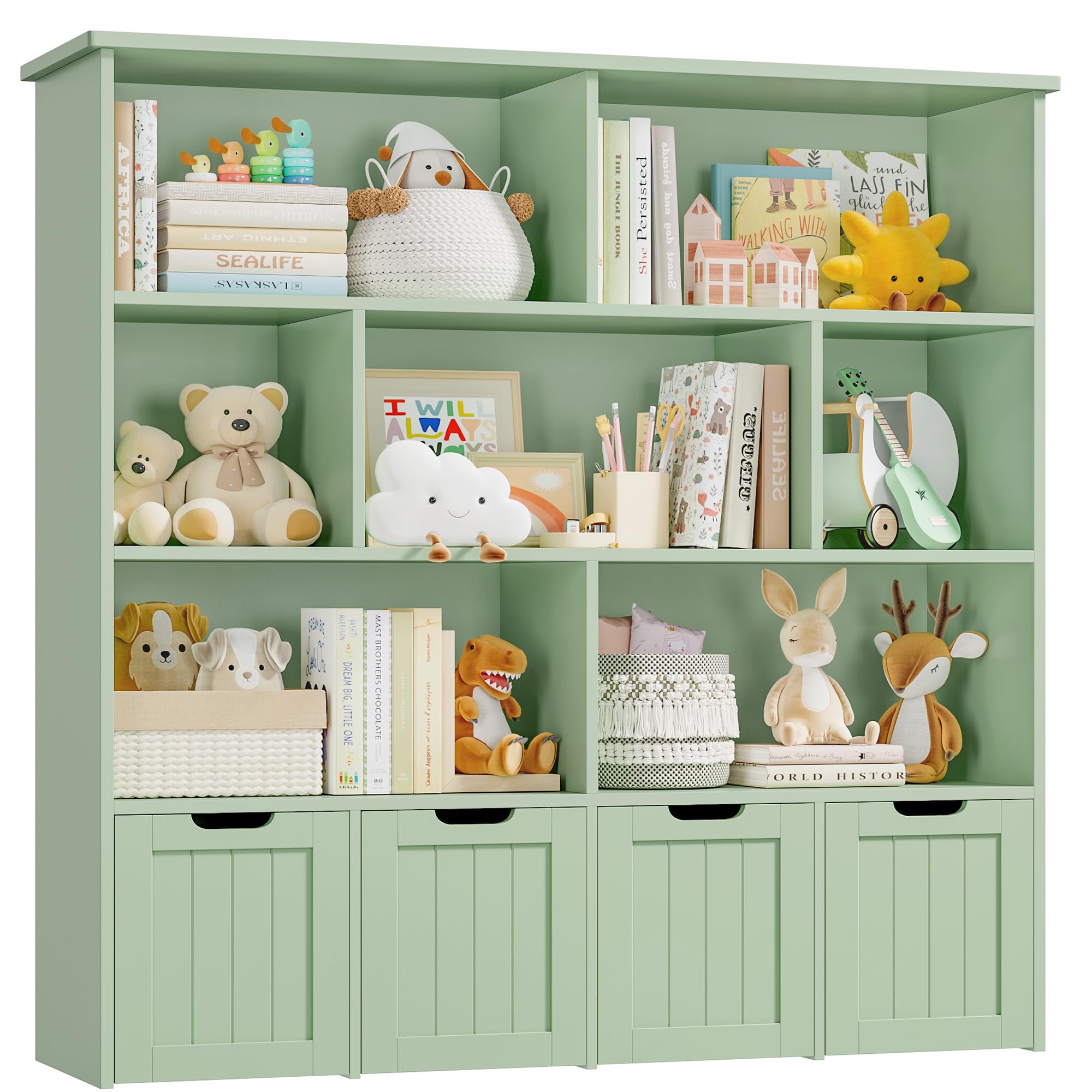 FINETONES Storage Organizer, Bookshelf with 4 Movable Chests and 7 Storage Cubes, Chest Storage with Hidden Wheels, Organizers and Storage, Green
