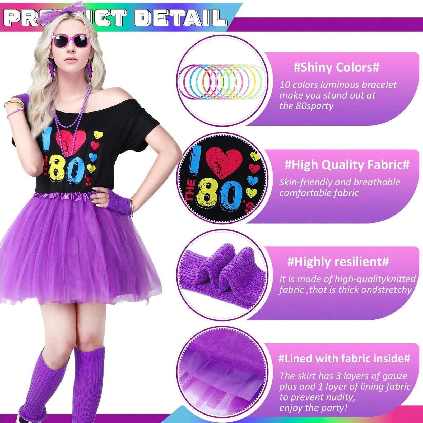 Conjunto genérico de traje de mujer de los años 80 para mujer, traje de mujer de los años 80, guantes leggings tutu falda, traje de cosplay 1980, top con hombros descubiertos, conjunto de accesorios