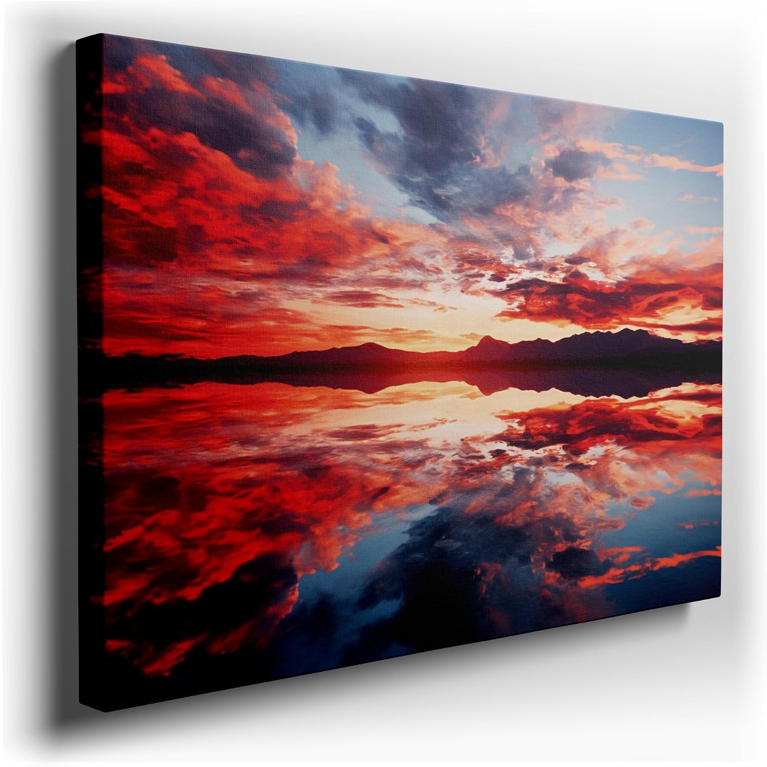 Canvas for Living room. Majestic Sunset Serenity: Lake Mirrors Red Sky Splendor, 27 x 18 inch Canvas Wall Art - Contemporary Masterpieces - Modern Home Decor