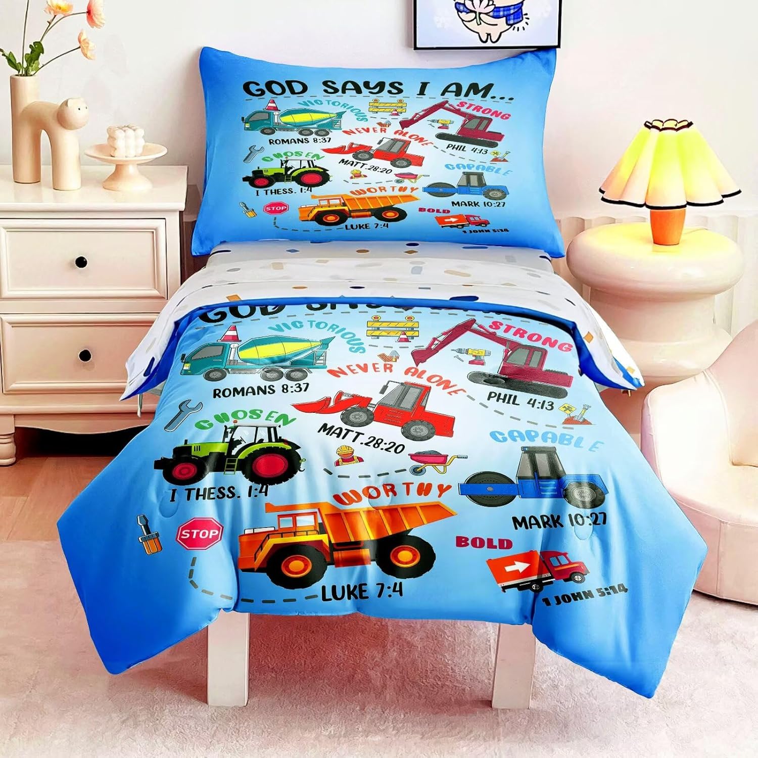 4 Piece Toddler Bedding Set for Boys,Cars Construction Toddler Bed Comforter Set Includes Comforter,Flat Sheet,Fitted Sheet and Pillowcase,Christan Trucks Tractors Bed in A Bag for Kids Bedroom - Image 2