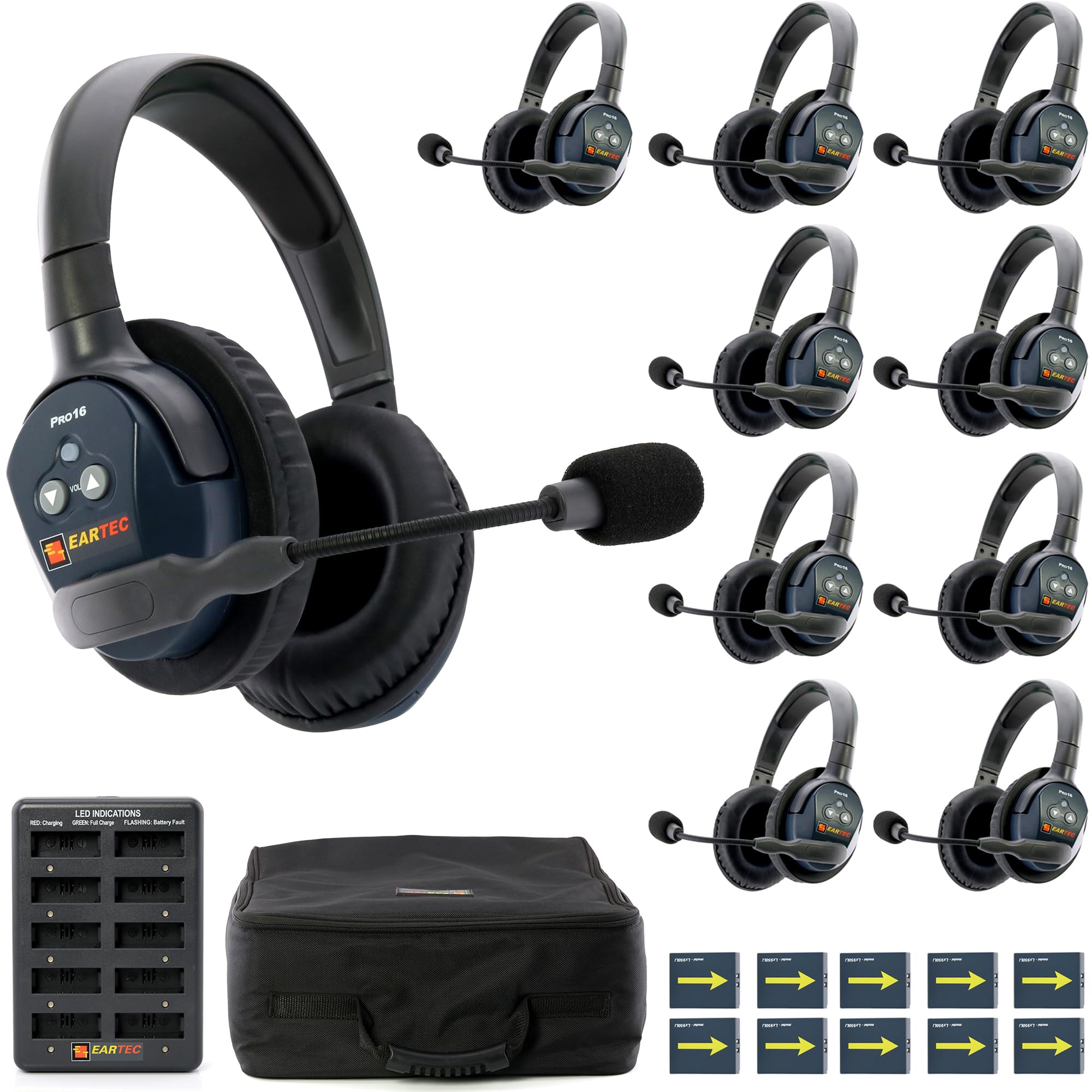 EARTEC Ultralite PRO16 ETP10D Full-Duplex Long Range Wireless Intercom System - 10 Dual Ear Headsets, Up to 1/2 Mile Range, 2.4 GHz, U.S. Company