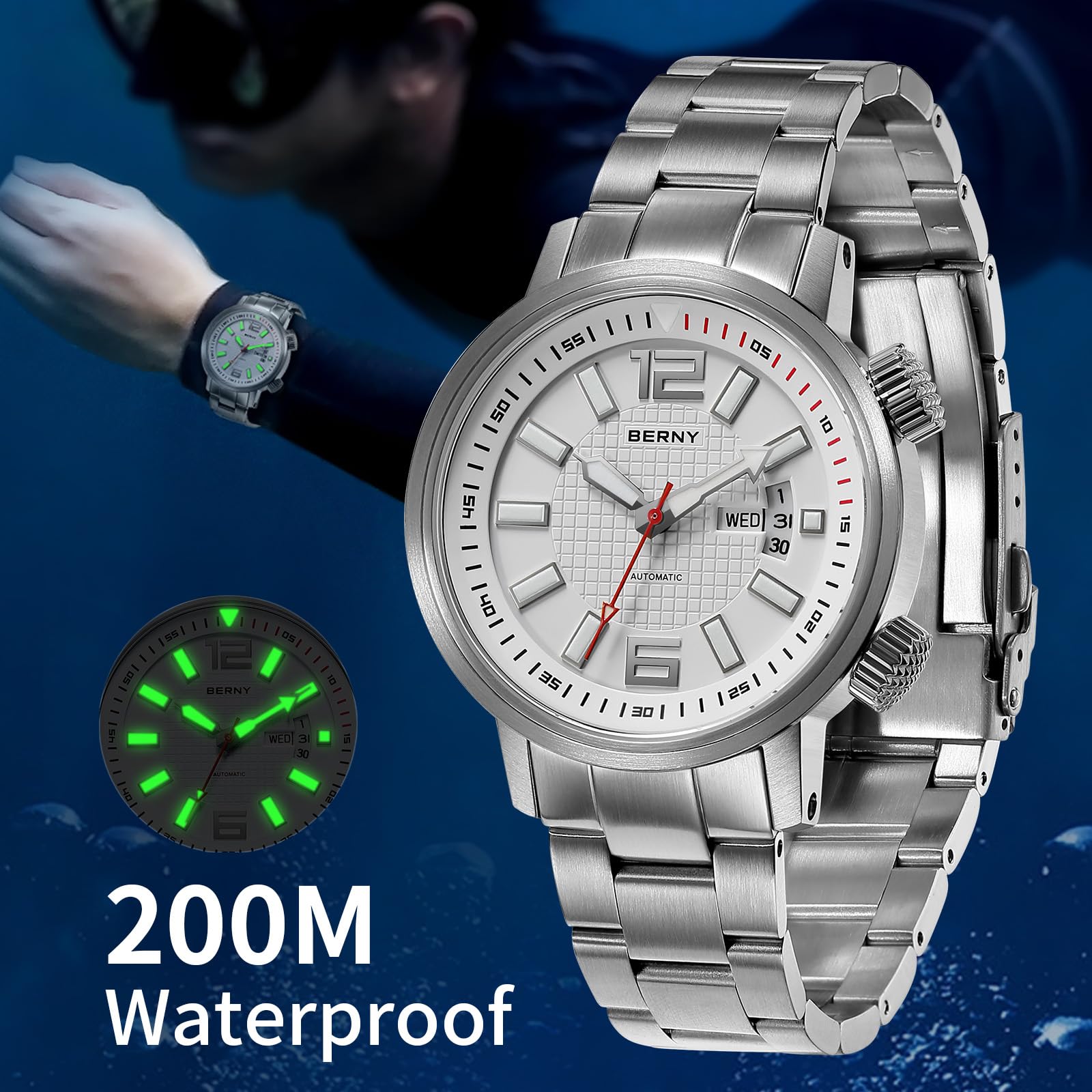 BERNY Automatische Mechanische Taucheruhr Für Herren Selbstaufziehend Sport-Edelstahl-Armbanduhr Wasserdicht 20 ATM Saphirglas Kratzfest
