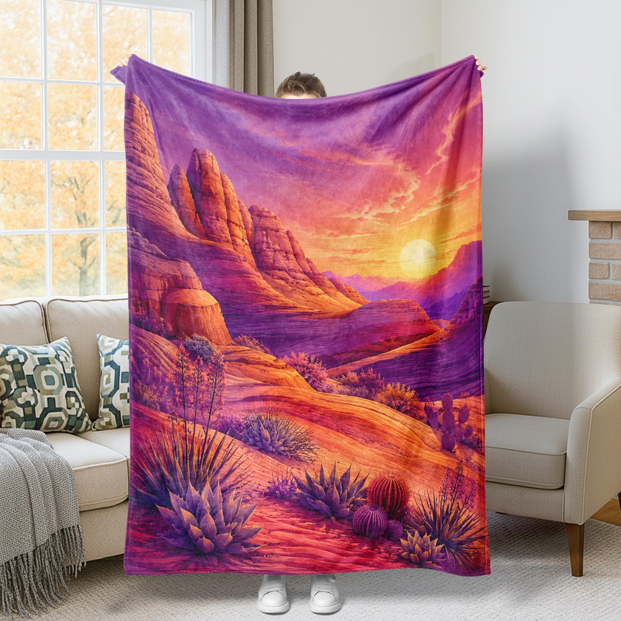 Couverture de bureau et salon motif cactus violet pour moments cocooning