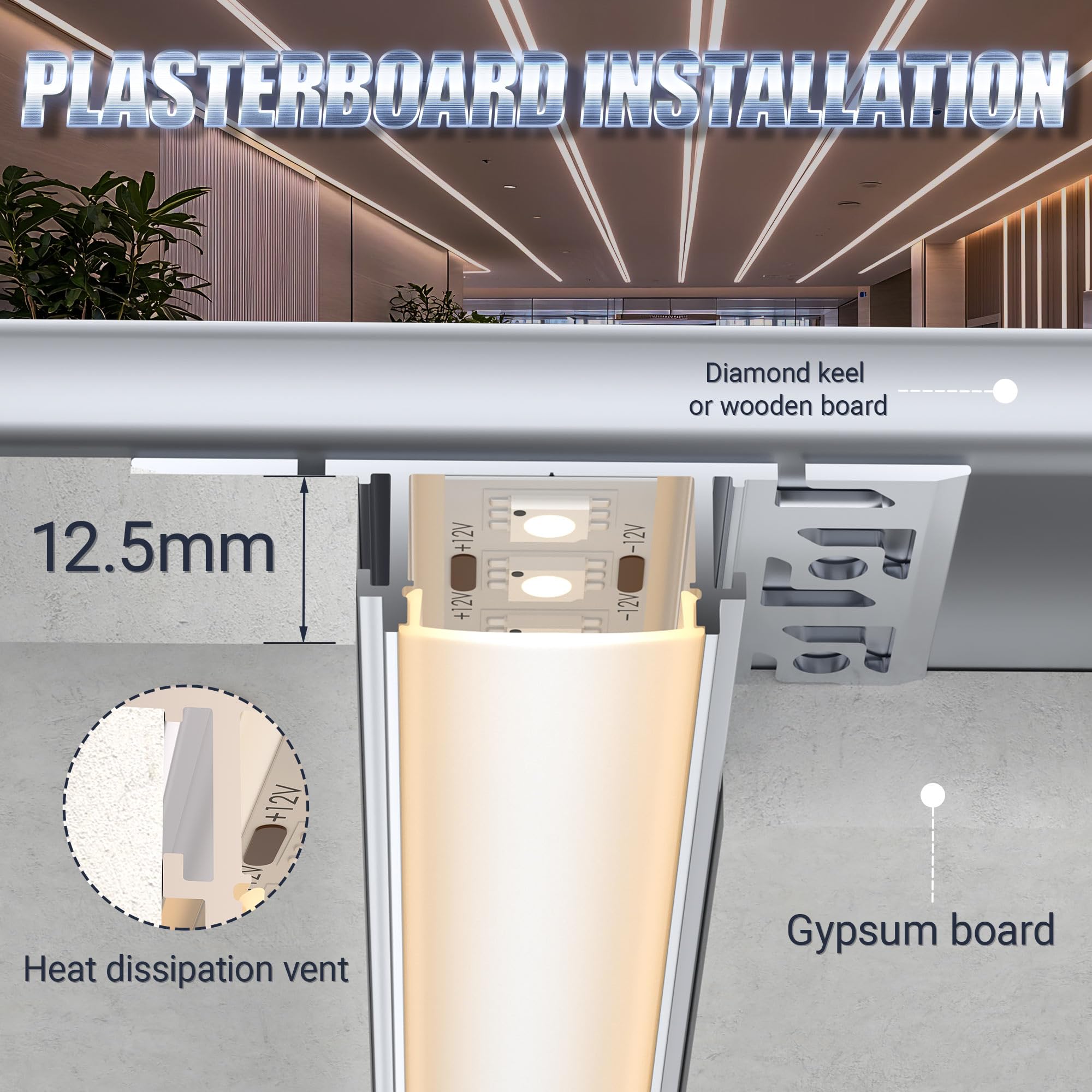 16 perfiles LED para azulejos de 2 m, perfil LED para paneles de yeso, 2 m, perfil de aluminio, empotrable, canal y difusor para iluminación indirecta de techo