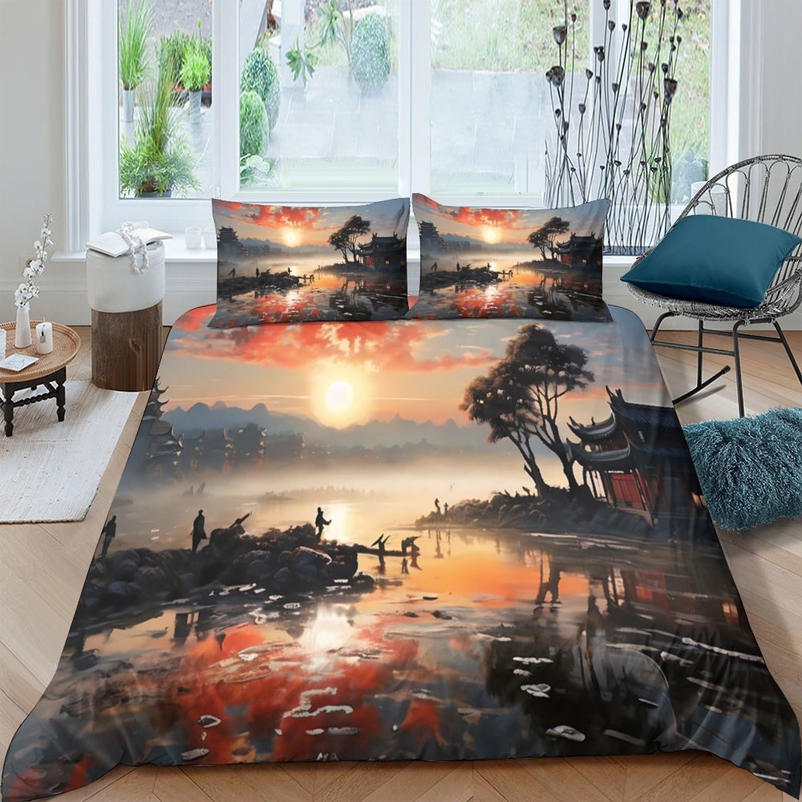 Ctjqhvkz Style-9 3D Printed Sunrise Lake View Fitted Sheet Microfiber Soft Oriental Landscape Bed Cover For Bedroom Guest Room Decor Single（135X200cm）