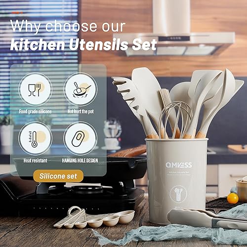 Miniatura 10 de QMVESS - Juego de utensilios de cocina de silicona antiadherente de 35 piezas con soporte mango de madera resistente espátula de silicona resistente