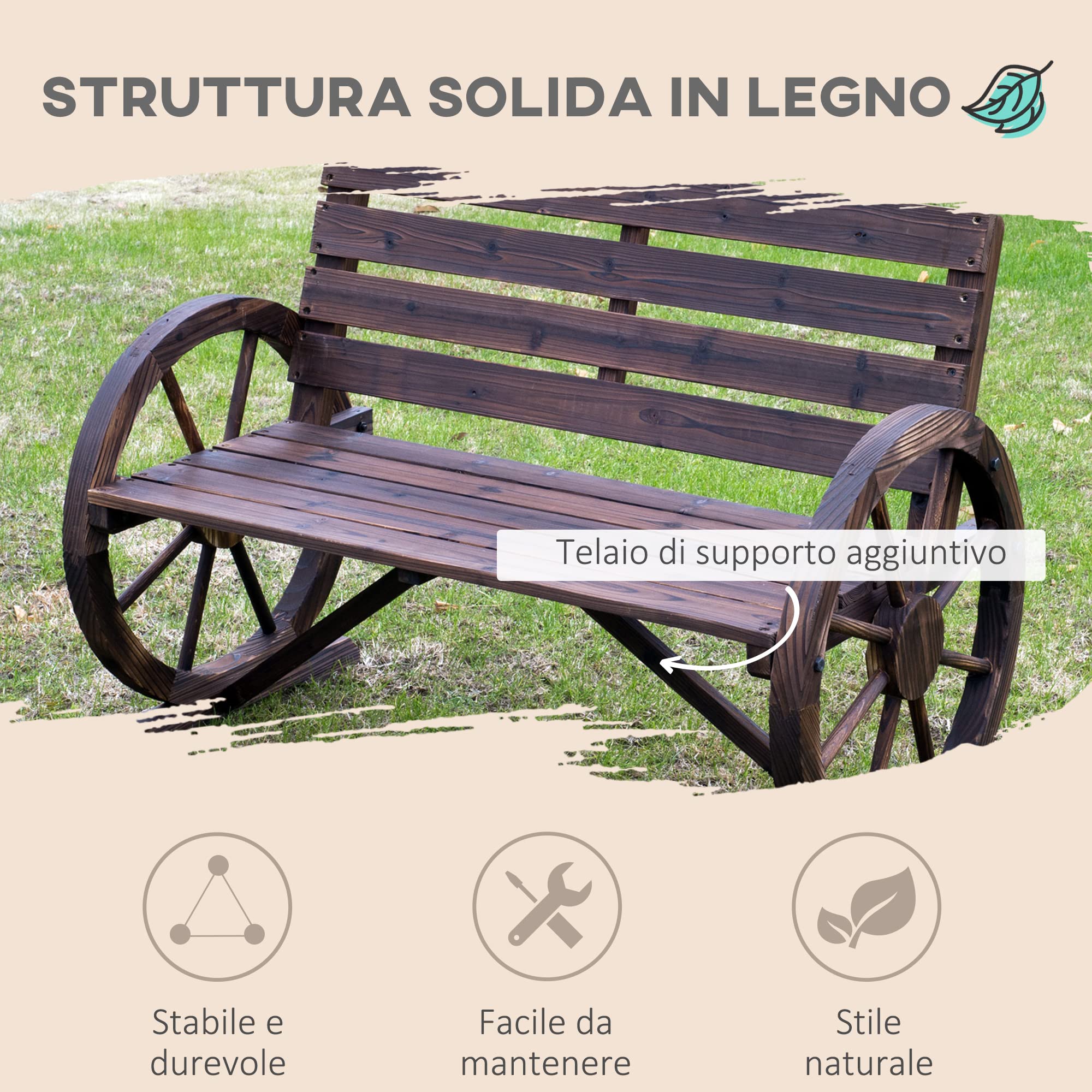 Outsunny Panchina da Giardino da 2 Posti con Braccioli a Ruota, Panchina da Esterno a Doghe in Legno di Abete, Stile Country, Panca per Terrazza Patio e Cortile, 105.5x59x75 cm, Marrone