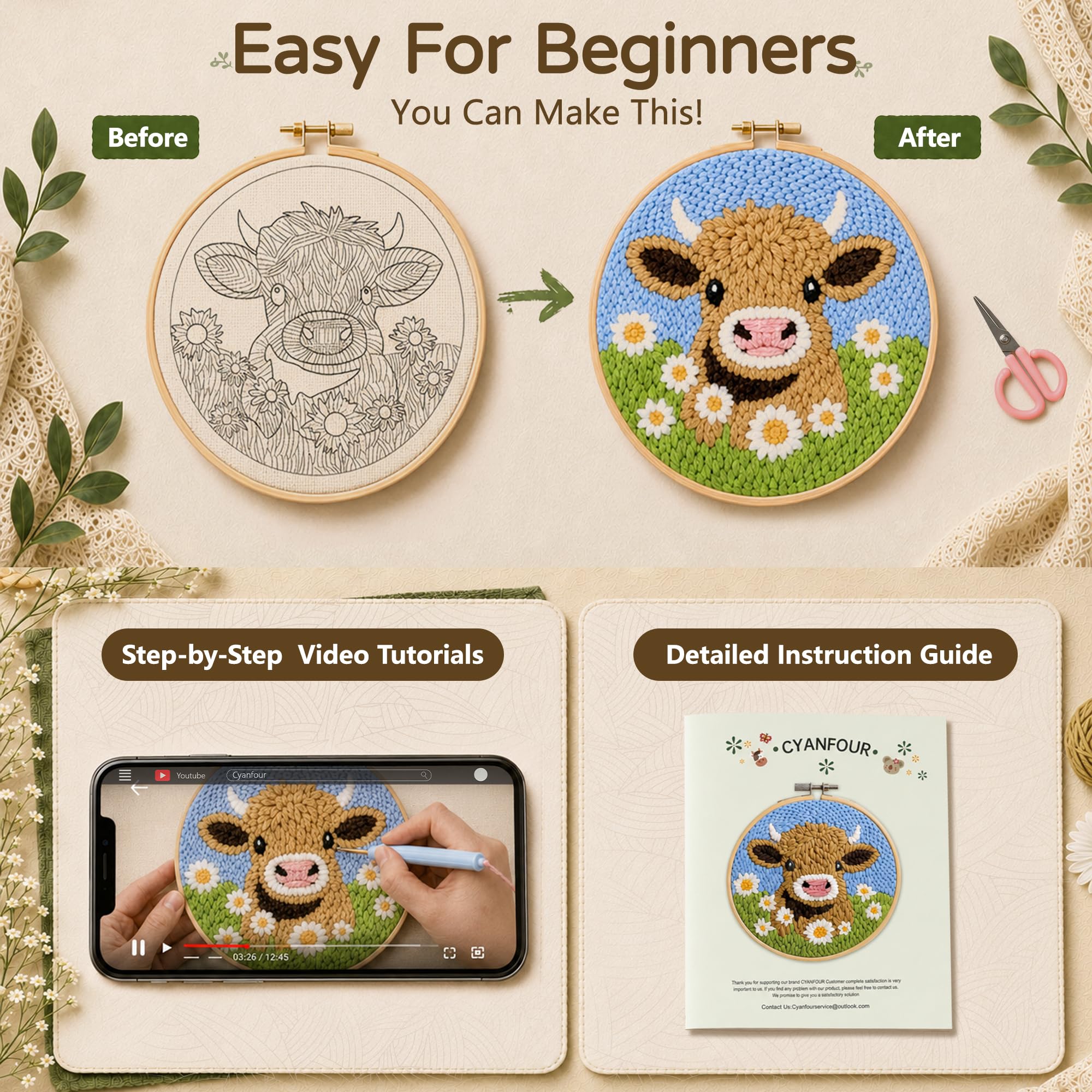 CYANFOUR Highland Cow Punch Needle Kit - Beginner Craft -3