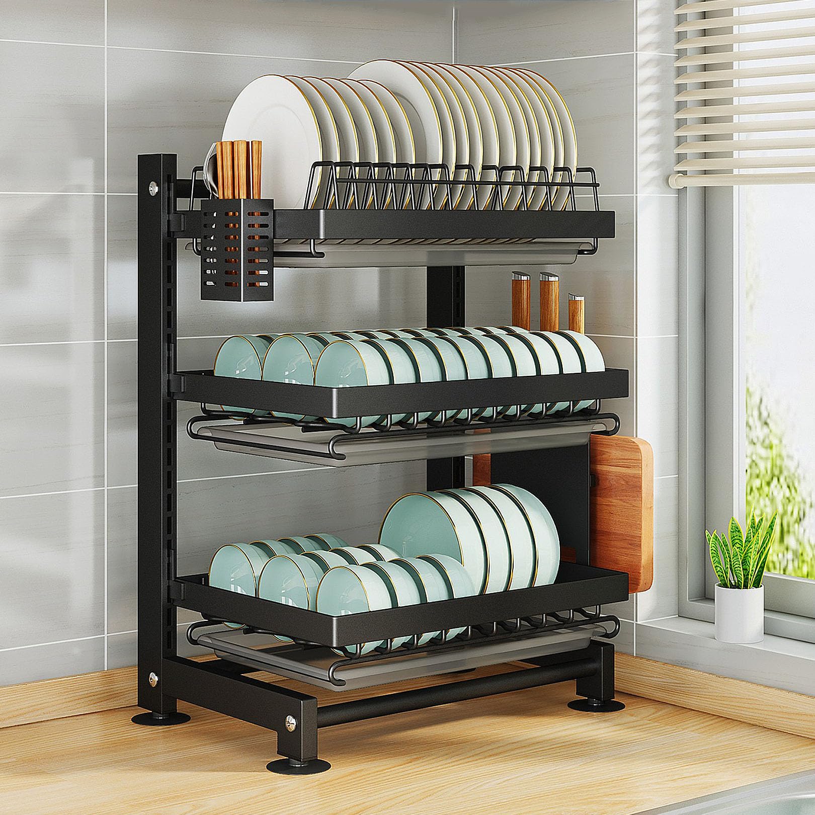FLYIODFCXV drain rack, Dish Drainer with Drip Tray Cup Holder, Rack with Utensil(Black)