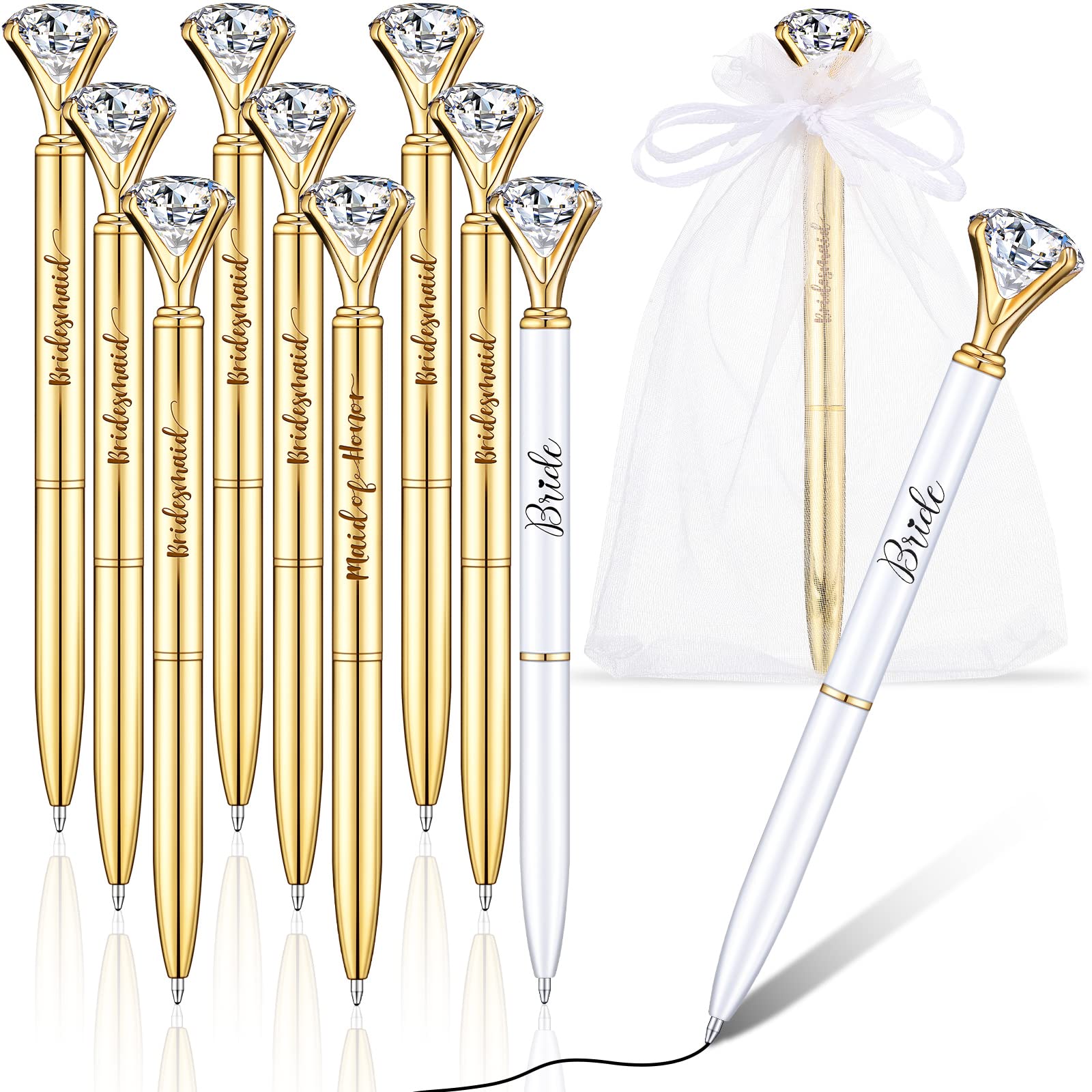 Pajean 10 Pcs Bridal Shower Pens Bridesmaid Diamond Pens with 10 Sheer Organza Bags Crystal Metal Ballpoint for Wedding Party Favors(Gold, White,