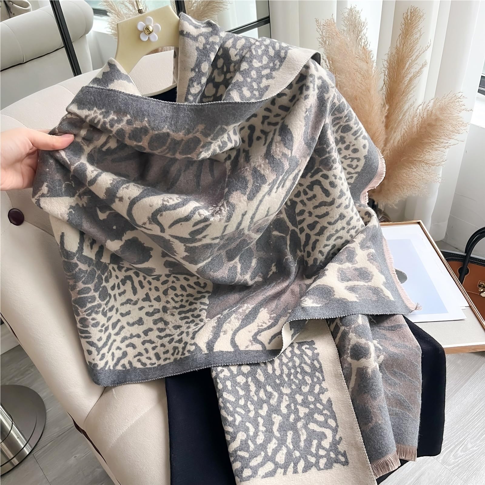 Bufanda de dos caras pashmina cachemira suave y cálida franja Pashmina chal invierno a prueba frío a viento Blanke Para Mujer