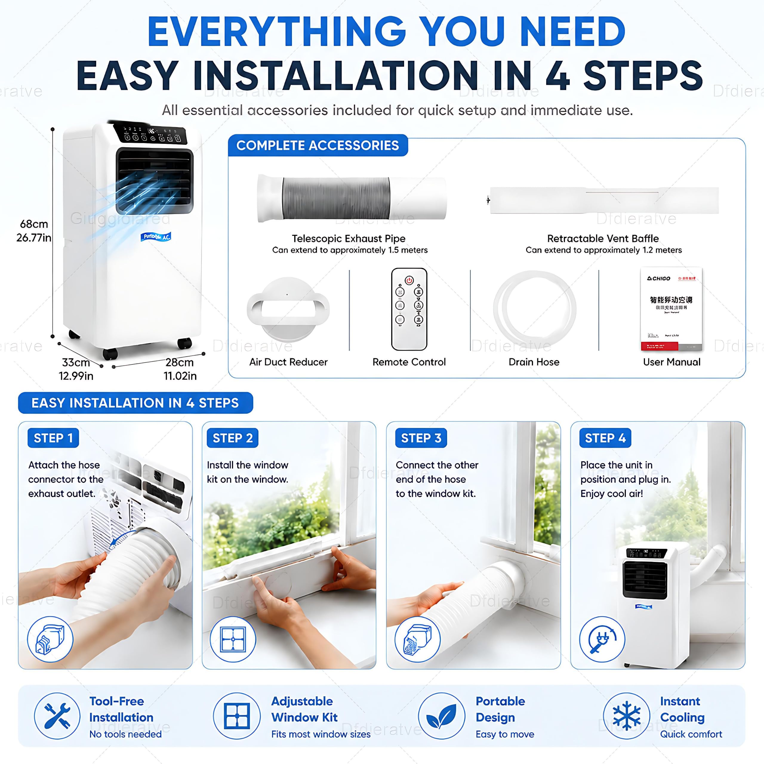 Aire Acondicionado Portátil 9000 BTU, Sistemas Frío y Deshumidificador, 3 Velocidades, Programación 12H, Kit de Sellado para Ventana, Gran Elección para Habitación y Oficina