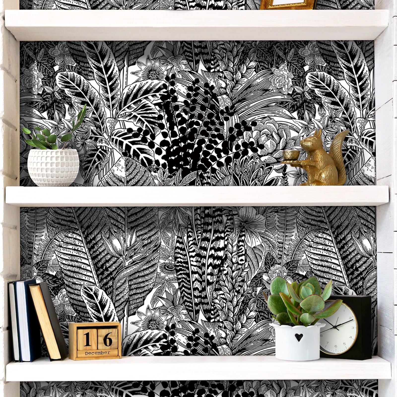 FunStick 44.5CMX9M Papel Pintado Pared Selva Blanco y Negro Papel Adhesivo para Muebles Flores Hojas Tropical Vinilo Adhesivo Dormitorio Revestimiento Pared Blanco y Negro Vinilos para Muebles Armario