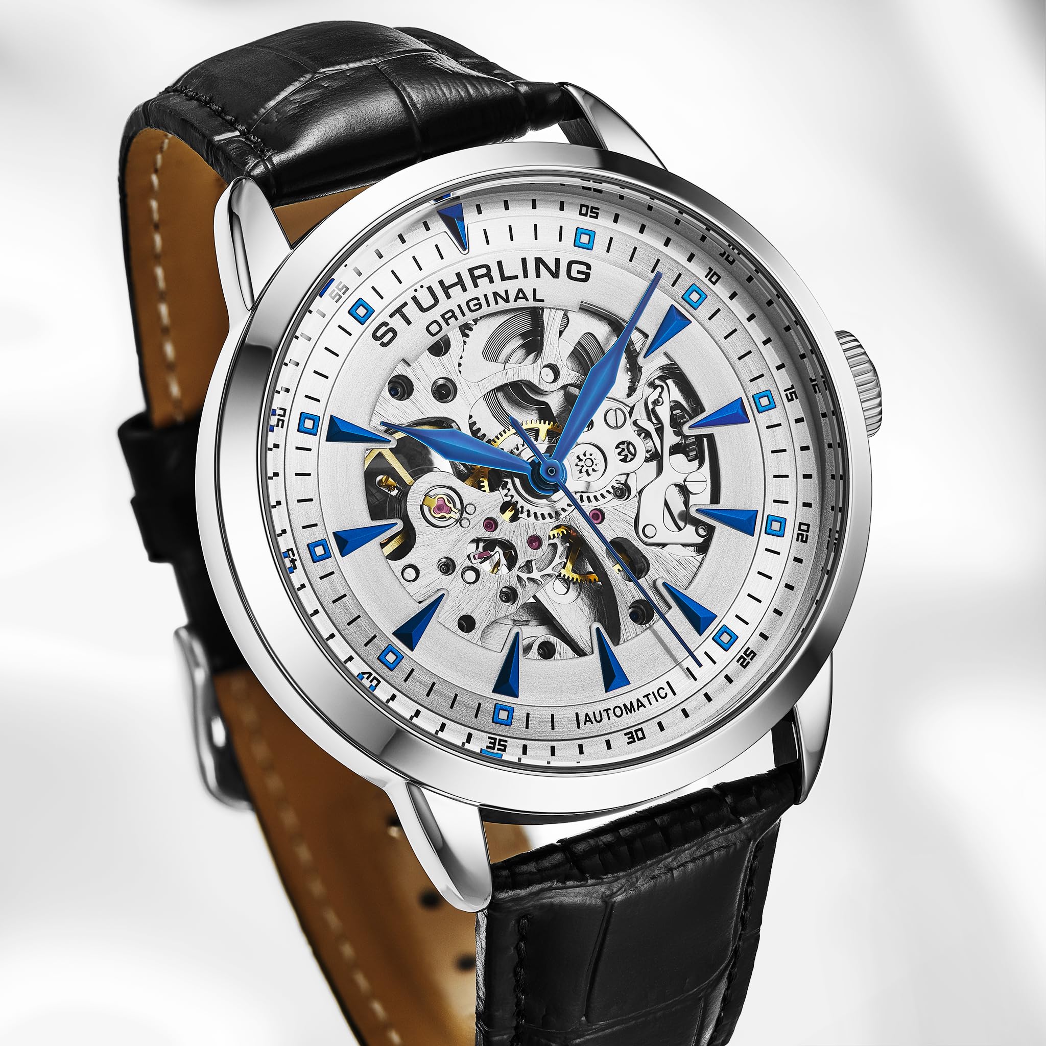 Stührling Orologio automatico scheletrato da uomo Original con cinturino in pelle stampata alligatore e quadrante scheletrato