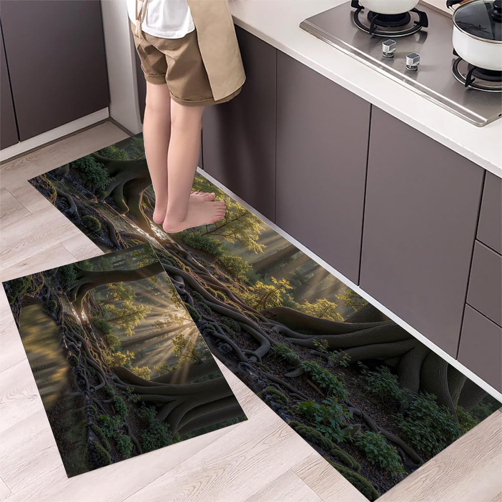 Tapis de cuisine lavable motif forêt naturelle lumineuse jaune doré antidérapant