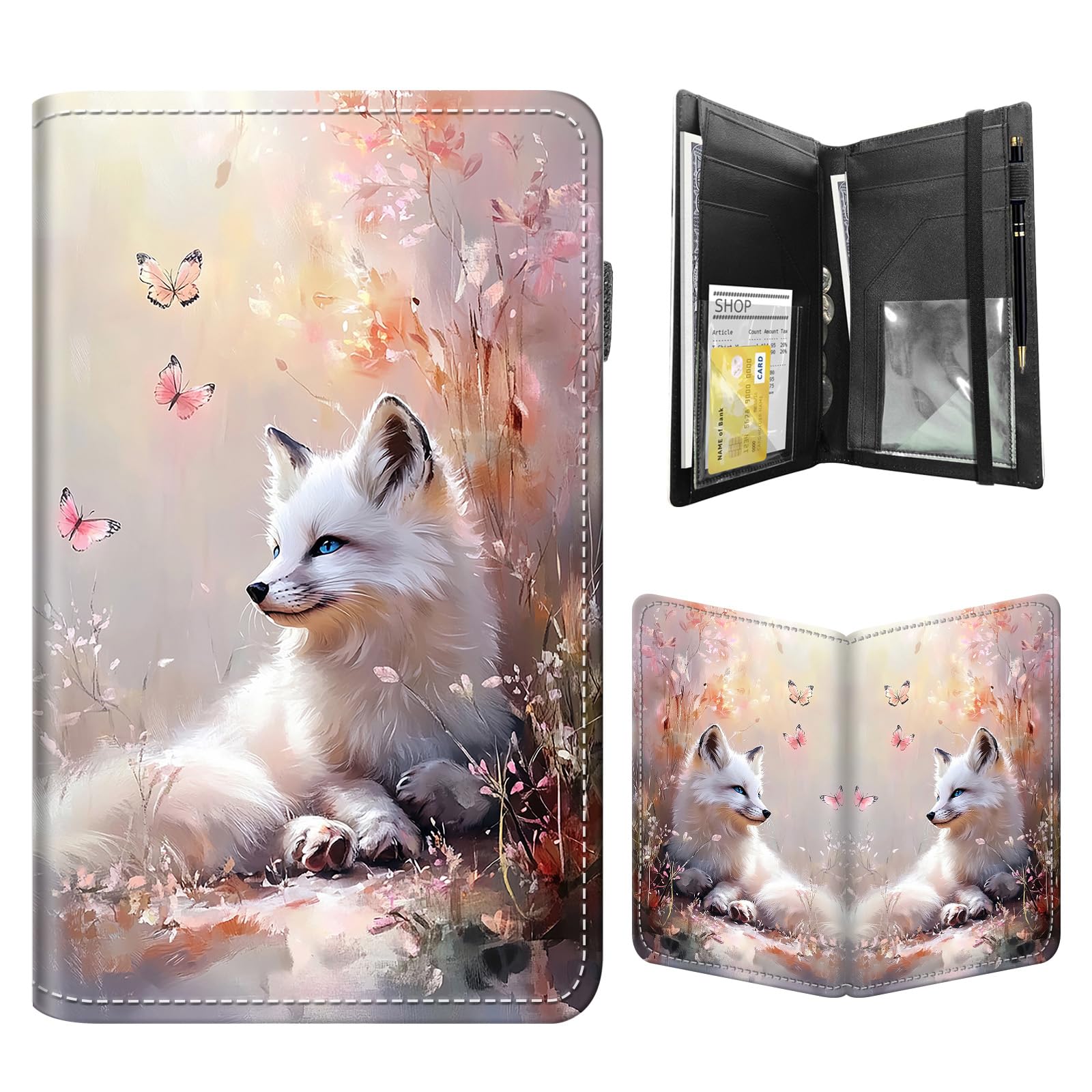 FQSXFIFN Leather Server Book for Waitress, Cute Server Book with Zipper Money Pocket,Check Presenters Waitstaff Organizer Fit Server Apron, White Fox Serving Books, Black Waiter Books for Servers