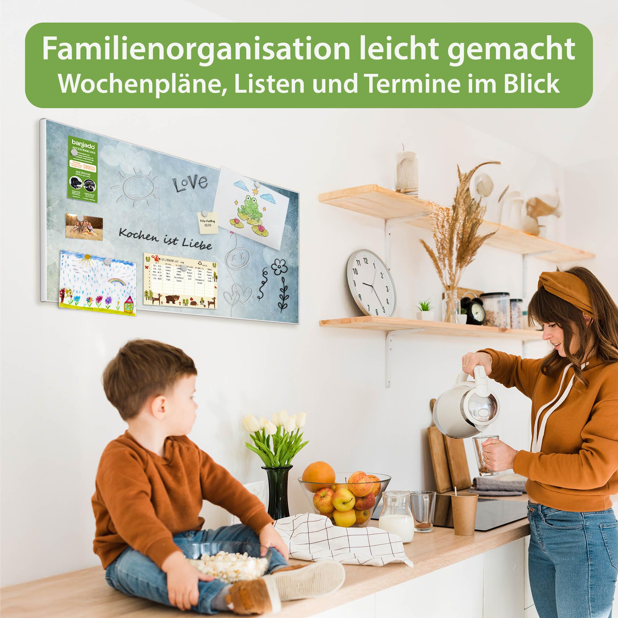 banjado Magnettafel Metall 78 x 37cm - beschreibbare Magnettafel - Metall Pinnwand als Memoboard - Magnetwand Küche, Büro, Kinderzimmer Weiß inkl. 4 Magnete & Montageset - Motiv Herzballon