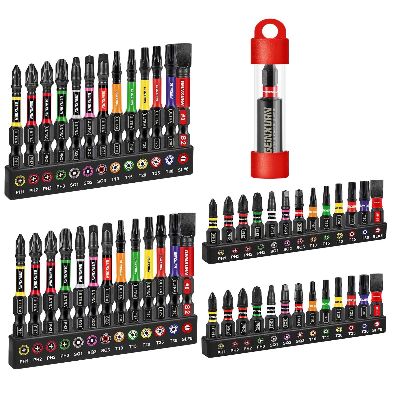 GEINXURN Jeu de 53 embouts de vissage 25 mm 50 mm de long, tige hexagonale 1/4" S2 en acier allié avec 1 porte-embout magnétique de 60 mm, code couleur ultra
