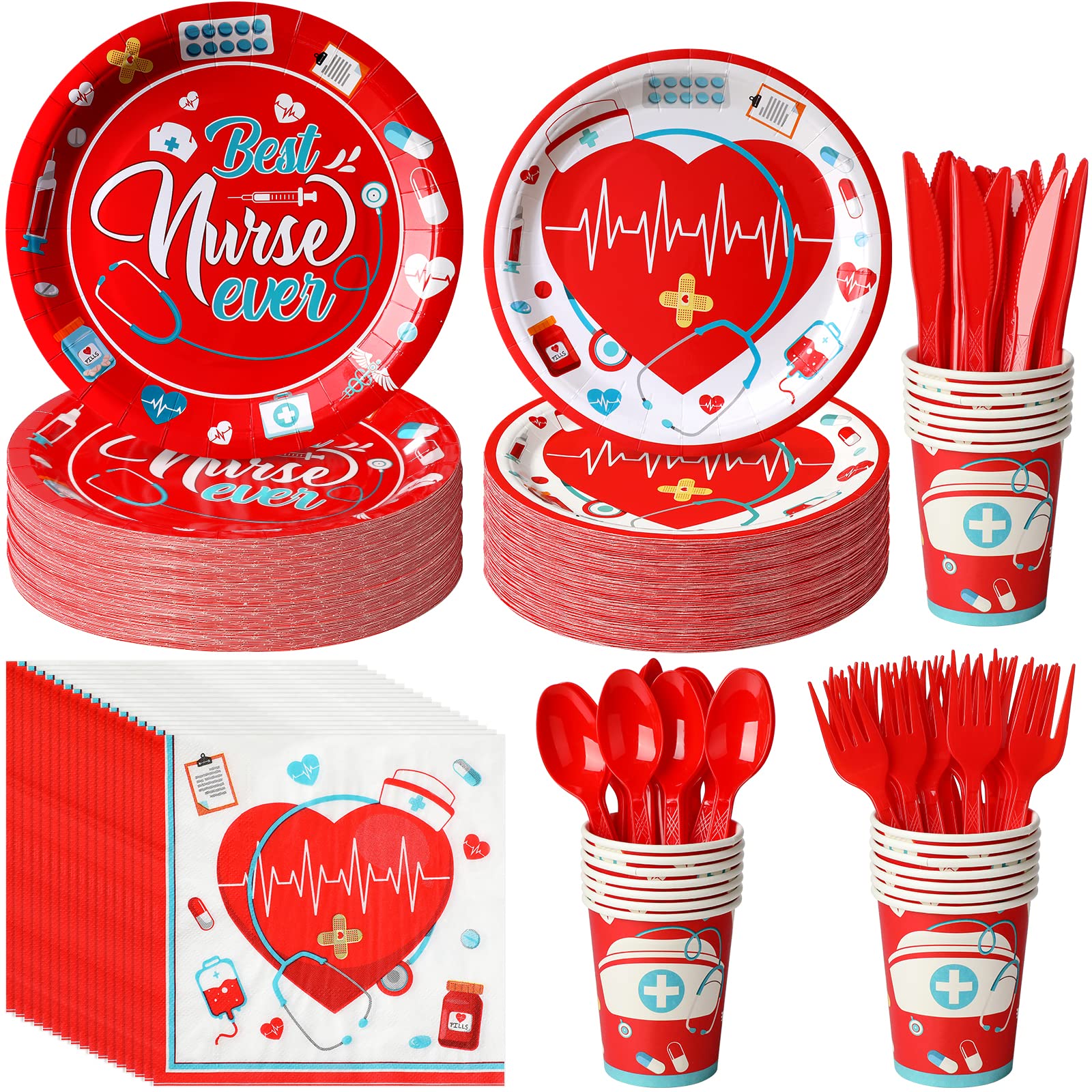 350pcs Nurse Graduation Nurses Week Plates Napkins Set,Thank You Nurse Disposable Party Supplies set, Include Plate, Napkin, Cup, Knife, Fork and