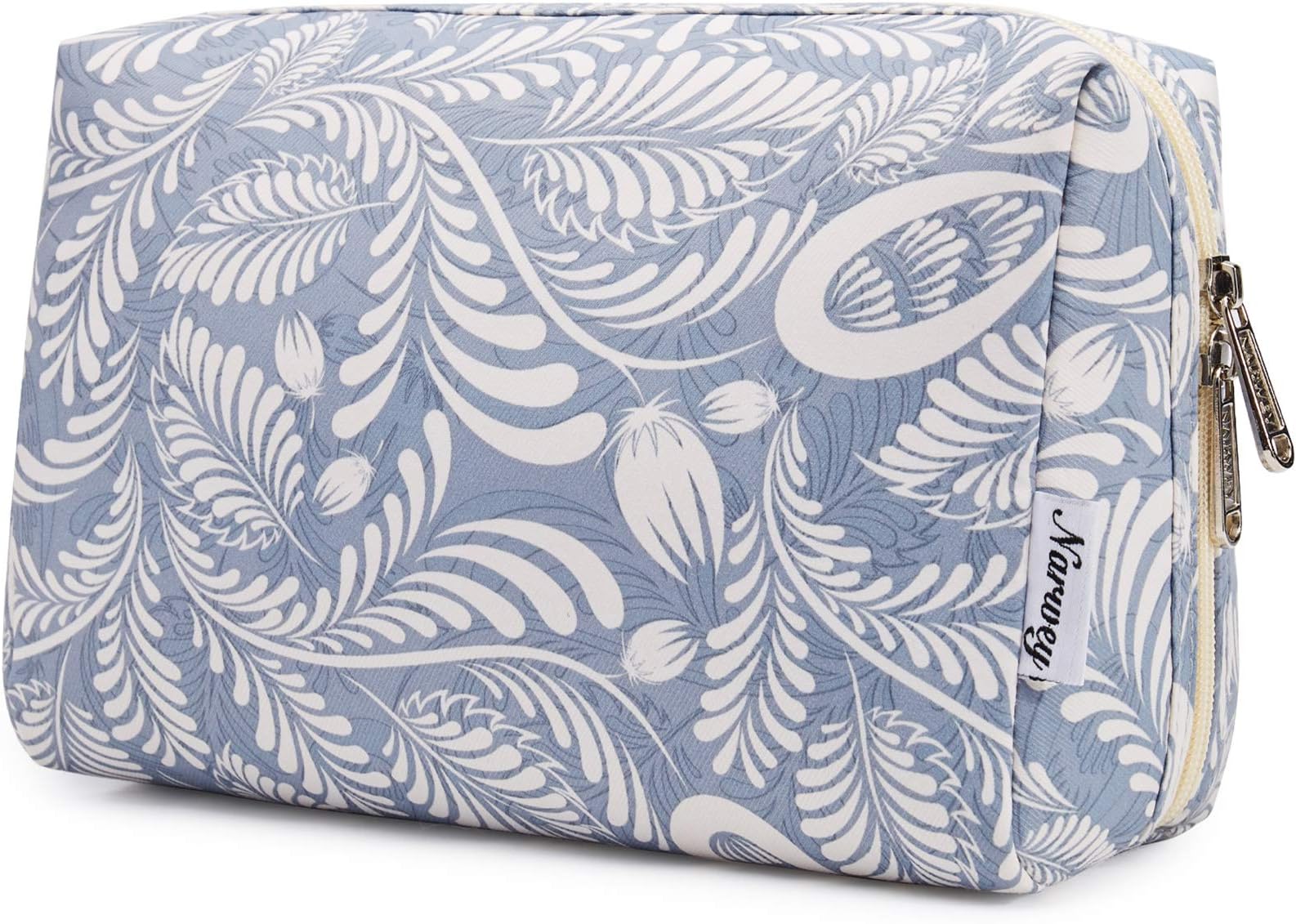 Large Makeup Bag Zipper Pouch Travel Cosmetic Organizer for Women (Blue Leaf, Large)
